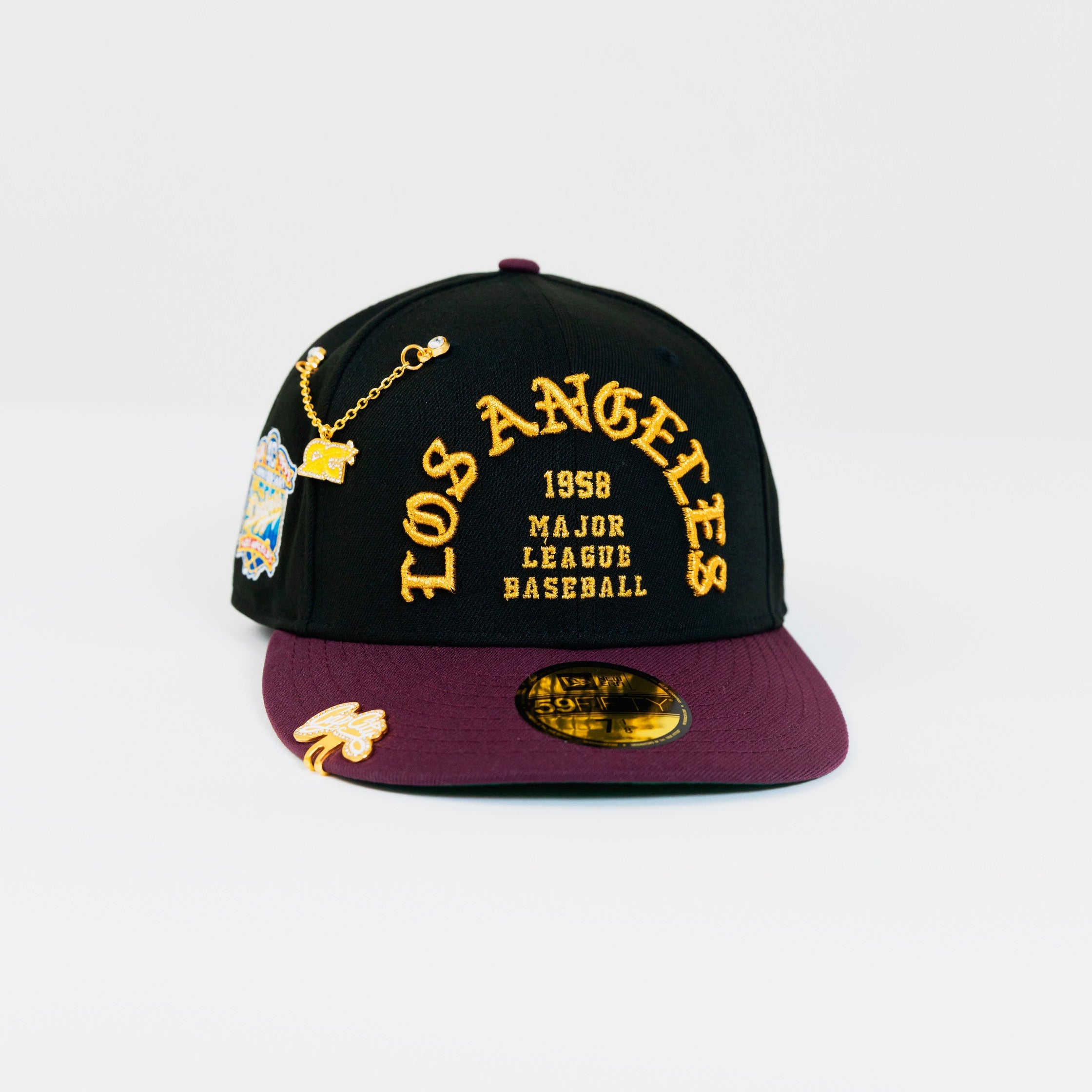 EXCLUSIVO DE NEW ERA 59FIFTY NEGRO/AZUL LOS ANGELES DODGERS "1958 MLB SCRIPT" DOS TONOS CON PARCHE DEL 60 ANIVERSARIO