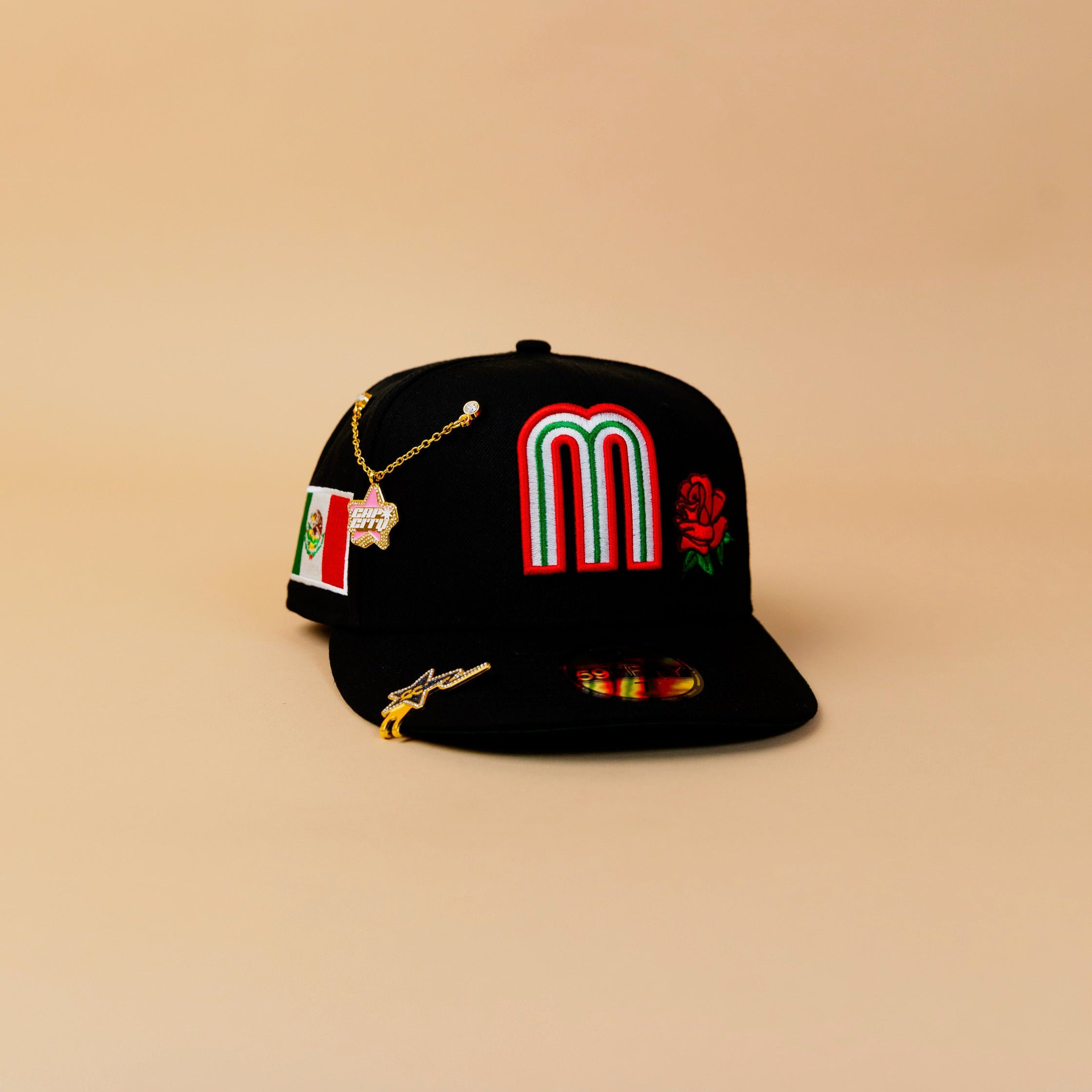 NEW ERA EXCLUSIVE 59FIFTY BLACK MEXICO W/ RED ROSE + MEXICO FLAG SIDE PATCH