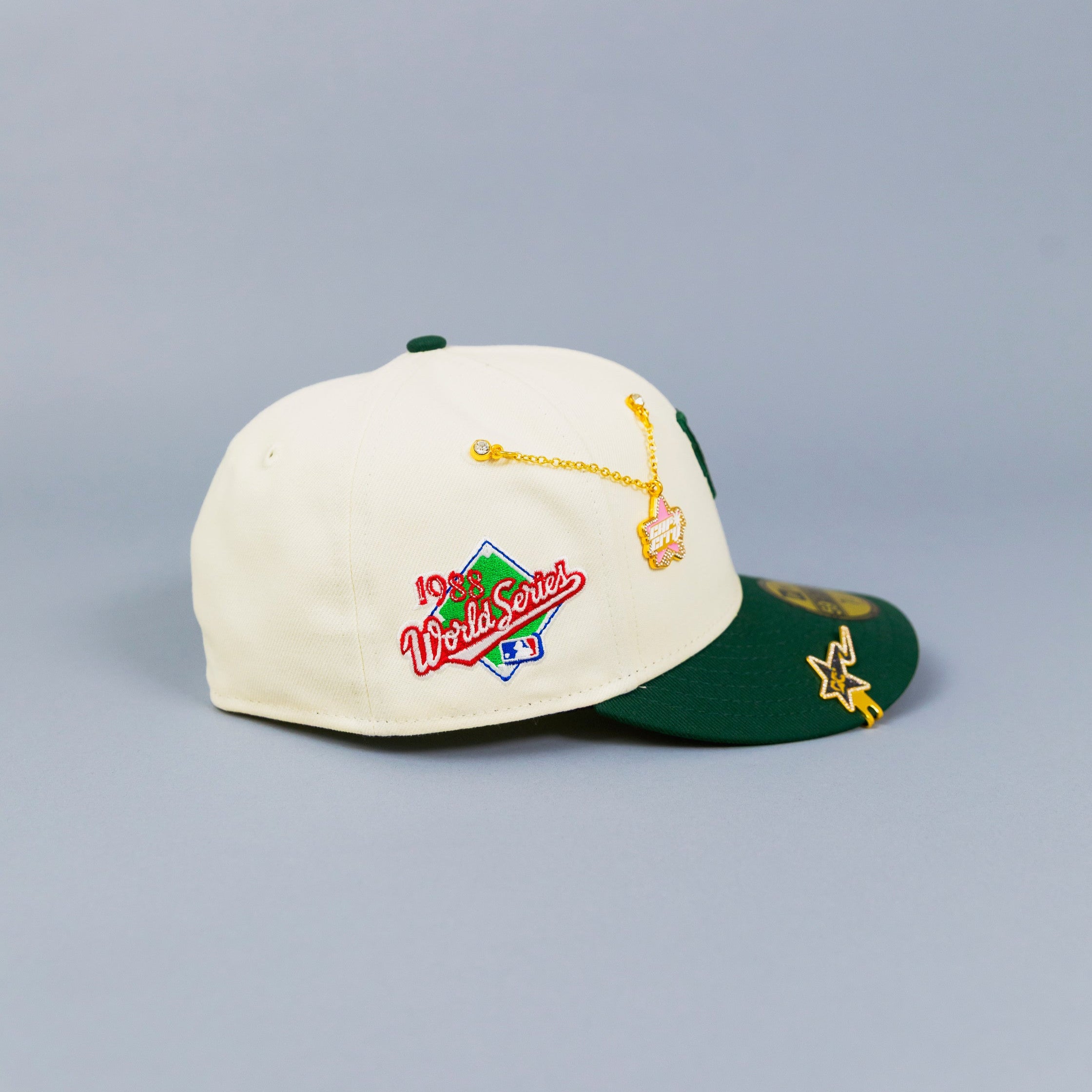 NEW ERA EXCLUSIVE 59FIFTY CHROME/ FOREST GREEN UPSIDE DOWN LOS ANGELES DODGERS W/ 1988 WORLD SERIES SIDE PATCH