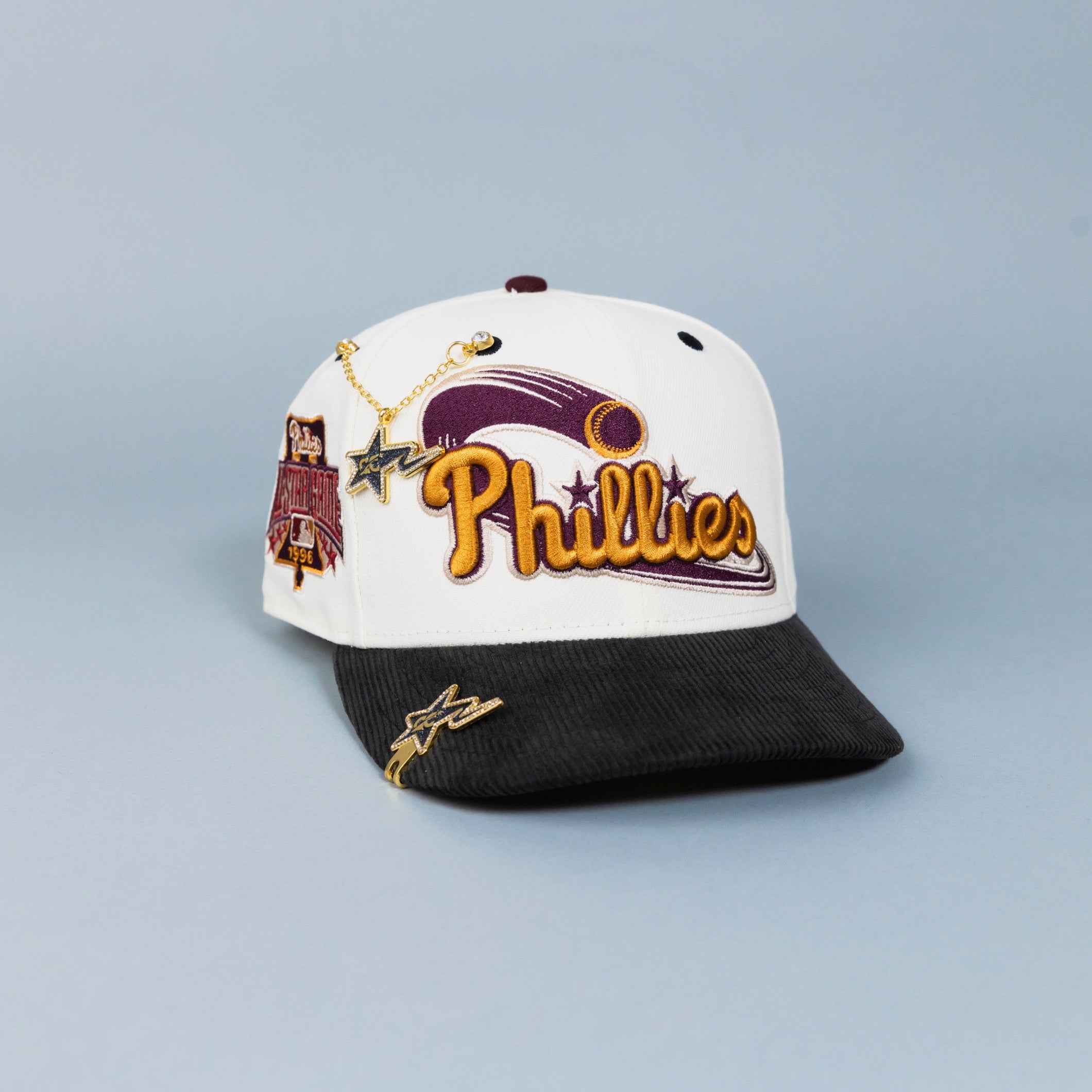 NEW ERA EXCLUSIVE 59FIFTY CHROME/ CORDUROY PHILADELPHIA PHILLIES SCRIPT W/ 1996 ALL STAR GAME PATCH