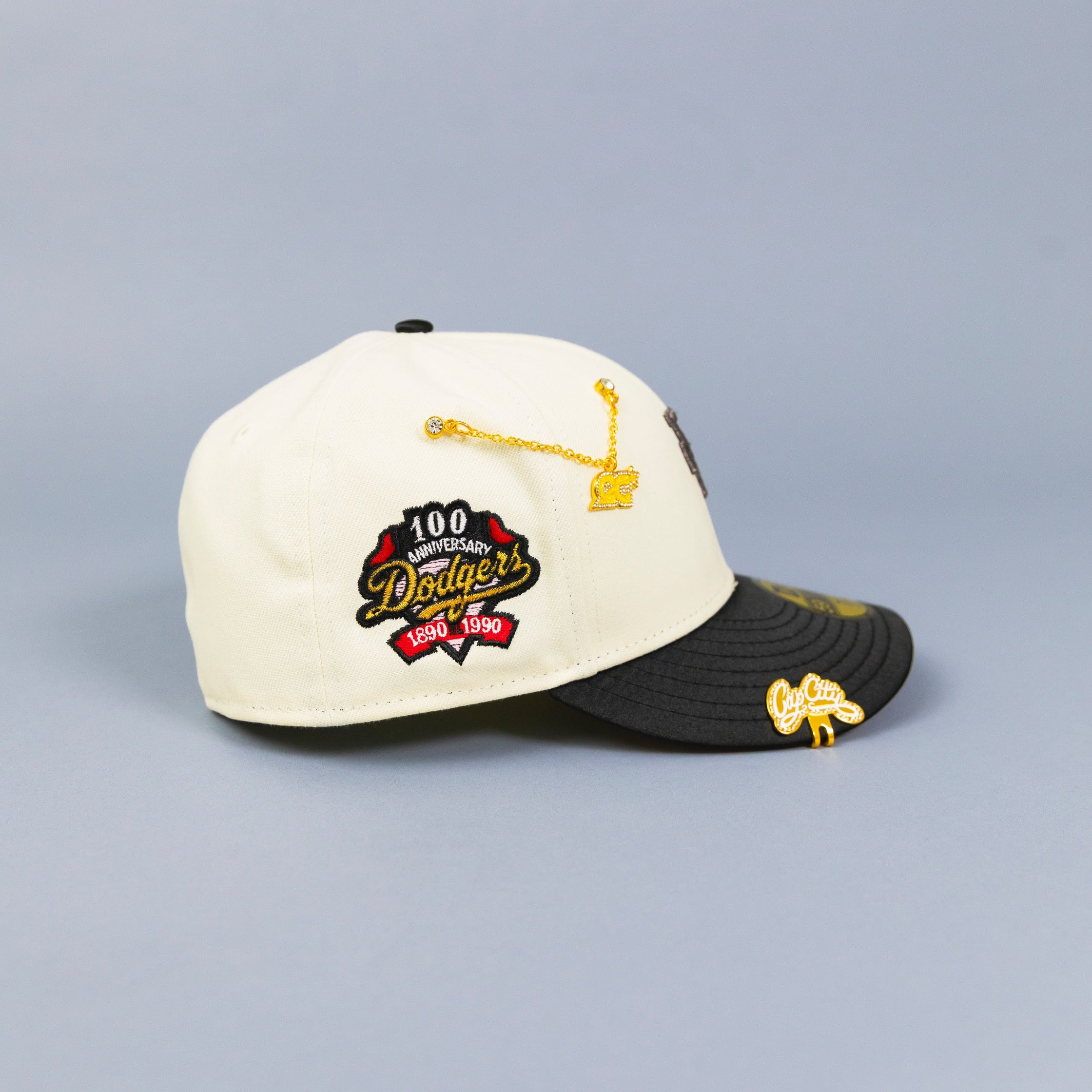 NEW ERA EXCLUSIVE 59FIFTY CHROME/ BLACK SATIN UPSIDE DOWN LOS ANGELES DODGERS SCRIPT W/ 100TH ANNIVERSARY SIDE PATCH