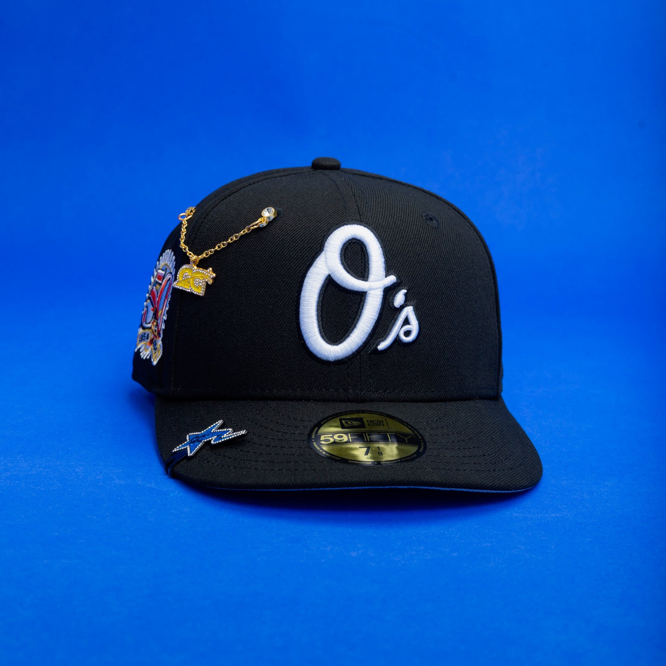 NEW ERA EXCLUSIVE 59FIFTY BLACK BALTIMORE ORIOLES W/ 50TH ANNIVERSARY SIDE PATCH