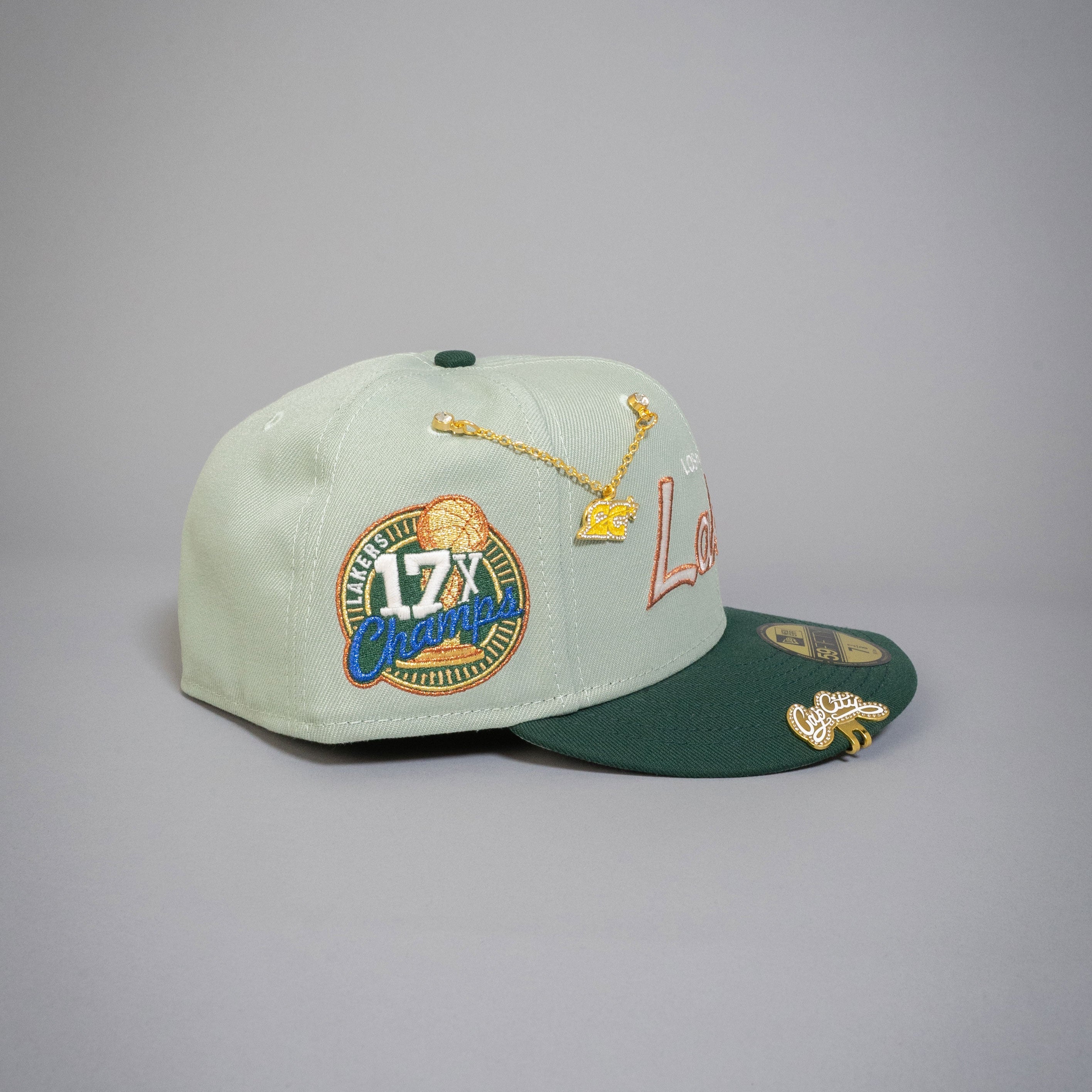NEW ERA EXCLUSIVE 59FIFTY MINT/ GREEN LOS ANGELES LAKERS SCRIPT W/ 17X CHAMPIONS SIDE PATCH