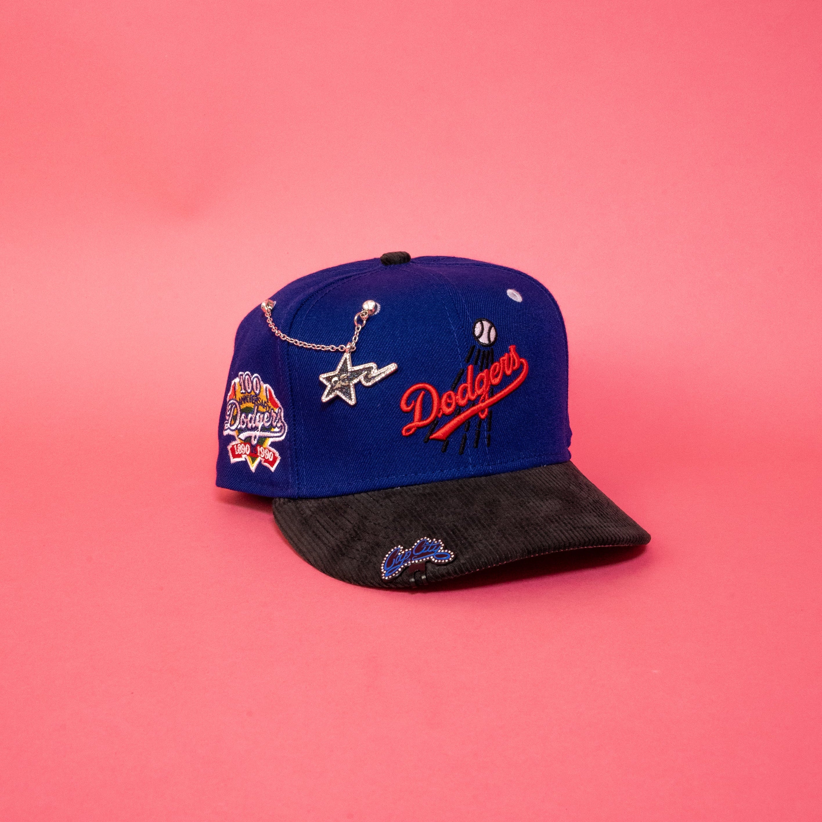 NEW ERA EXCLUSIVE 59FIFTY DARK BLUE/ CORDUROY LOS ANGELES DODGERS SCRIPT W/ 100TH ANNIVERSARY SIDE PATCH