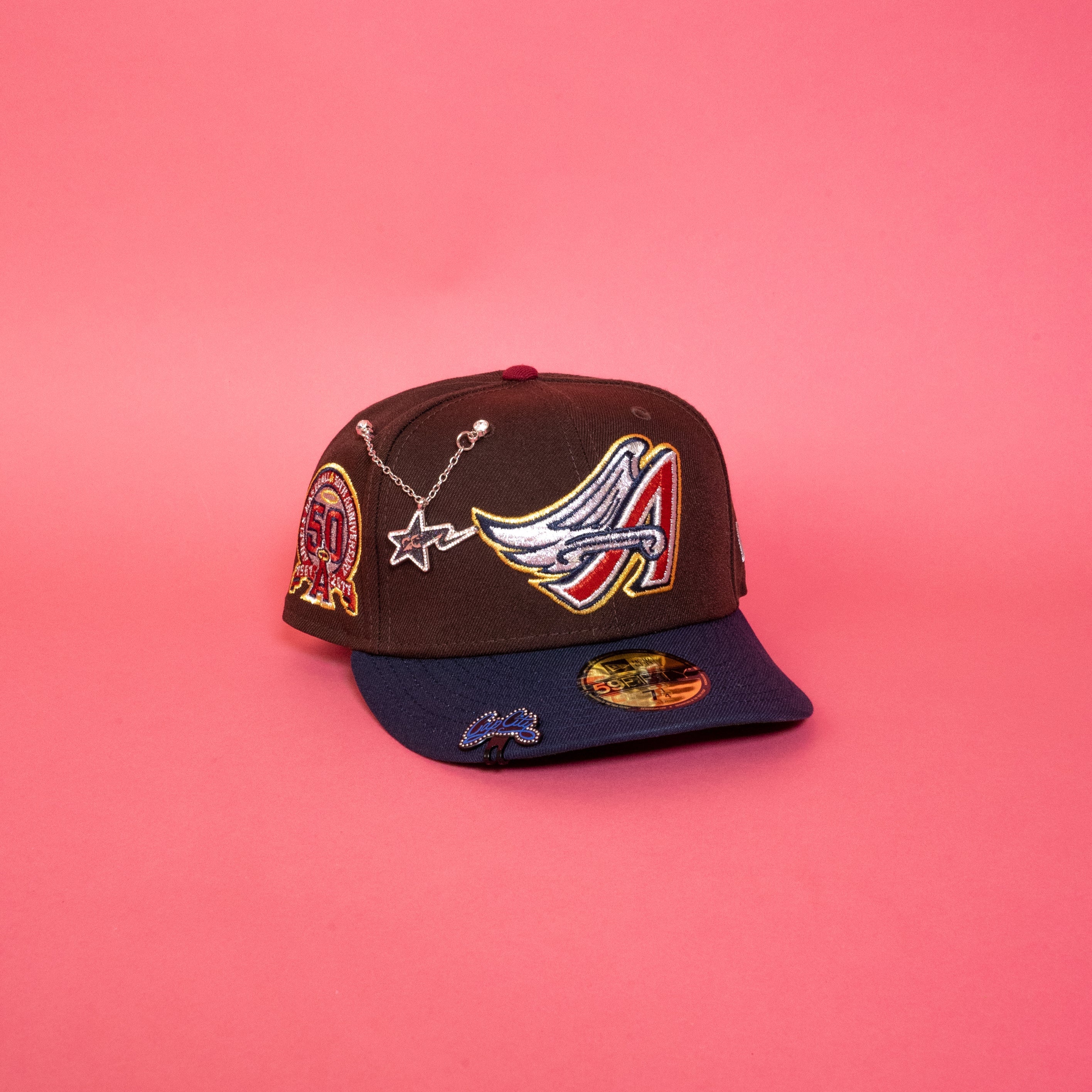 NEW ERA 59FIFTY BROWN/ NAVY ANAHEIM ANGELS W/ 50TH ANNIVERSARY SIDE PATCH