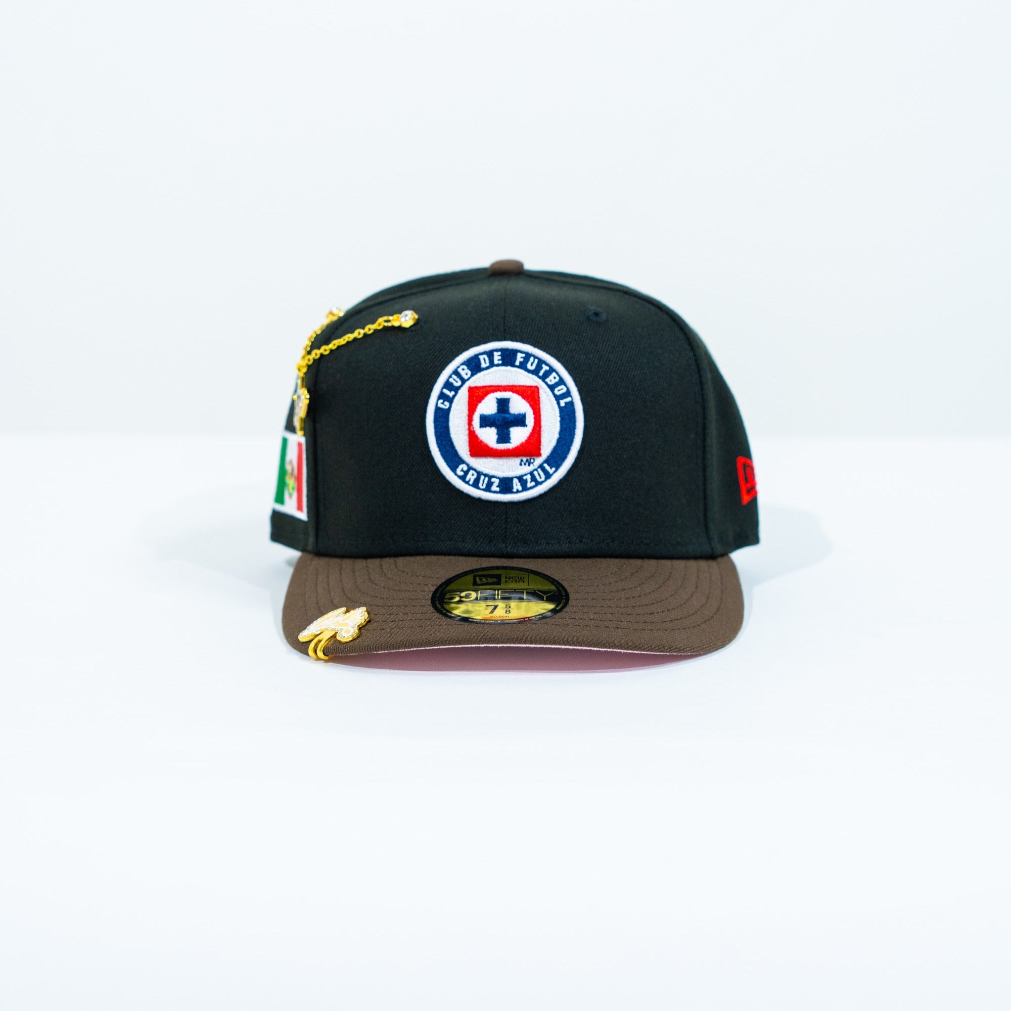 NEW ERA EXCLUSIVE 59FIFTY BLACK/ BROWN "CLUB CRUZ AZUL" W/ MEXICO FLAG SIDE PATCH