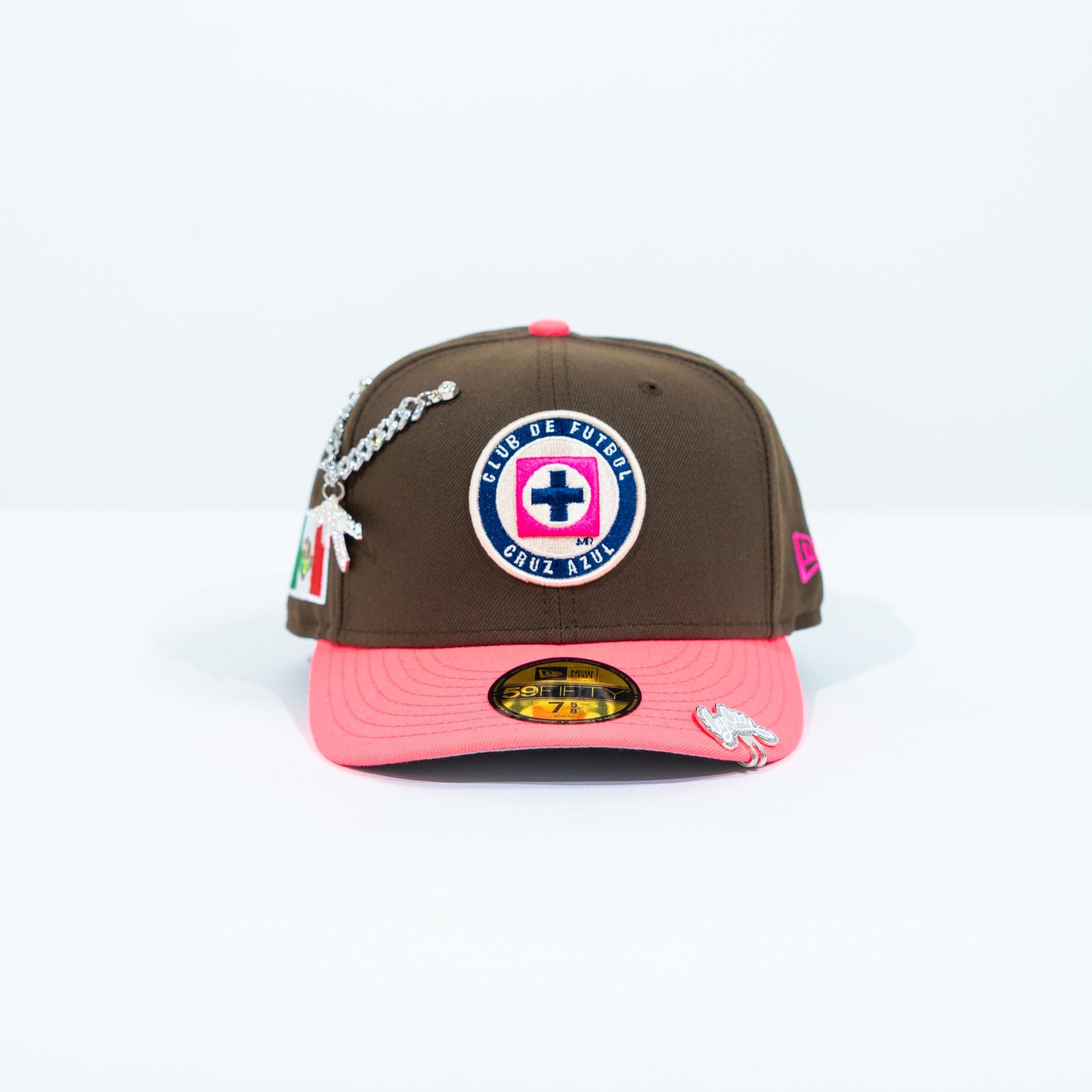 NEW ERA EXCLUSIVE 59FIFTY BROWN/ NEON PINK "CLUB CRUZ AZUL" W/ MEXICO FLAG SIDE PATCH