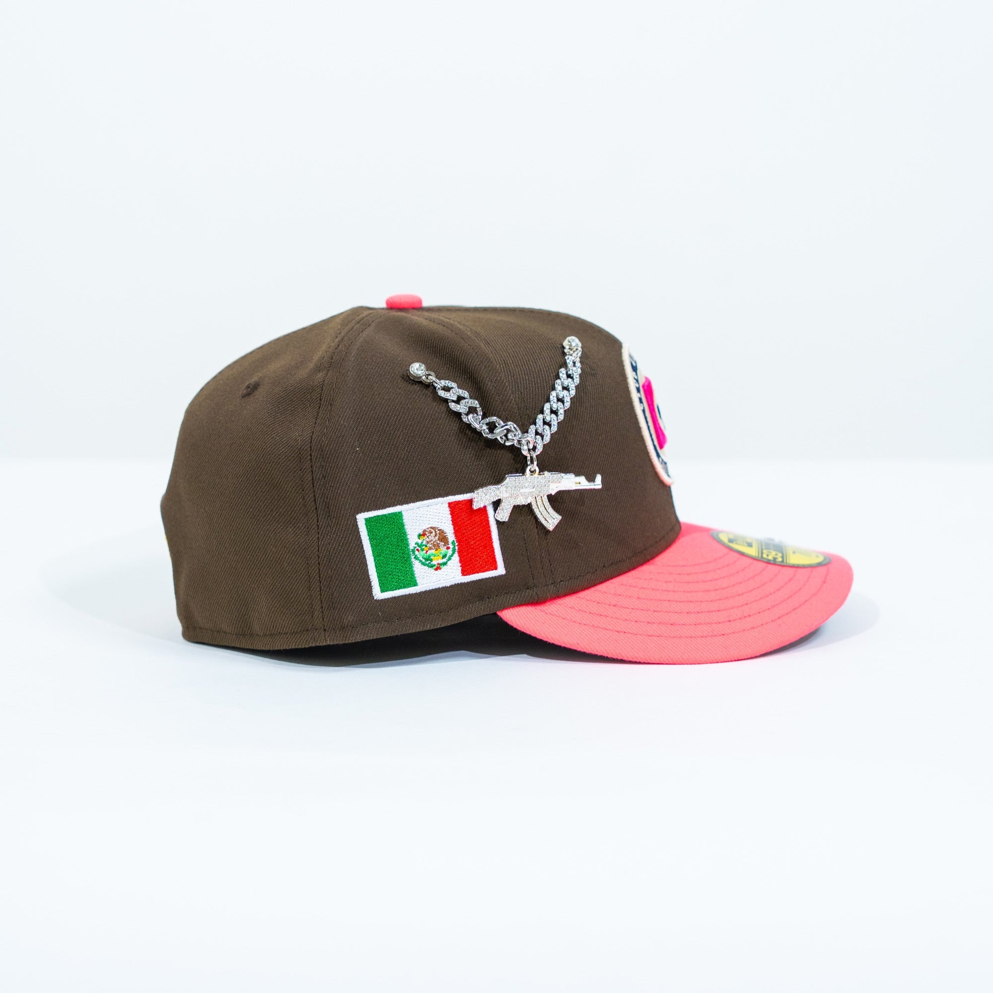 NEW ERA EXCLUSIVE 59FIFTY BROWN/ NEON PINK "CLUB CRUZ AZUL" W/ MEXICO FLAG SIDE PATCH