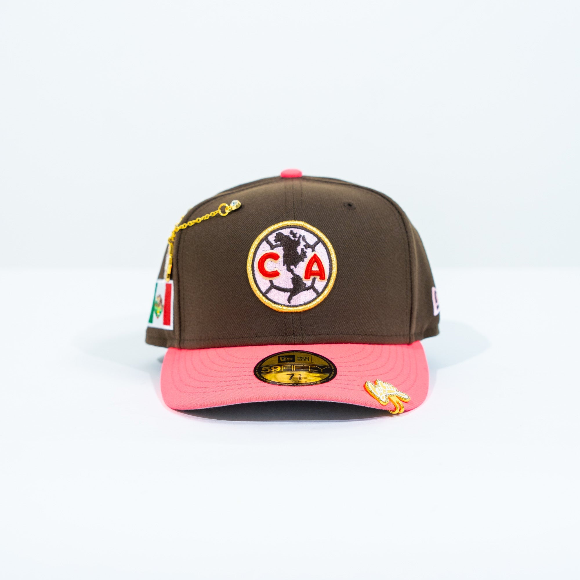 NEW ERA EXCLUSIVE 59FIFTY BROWN/ NEON PINK "CLUB AMERICA" W/ MEXICO FLAG SIDE PATCH