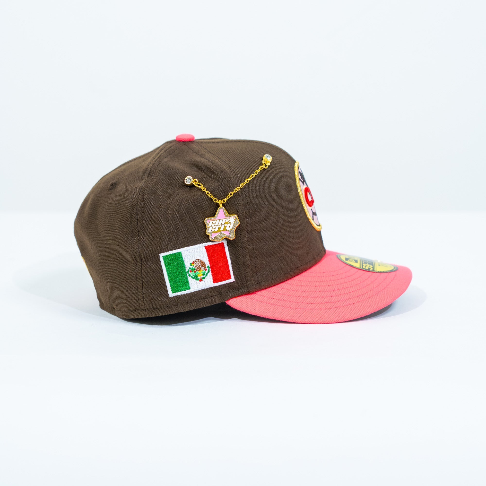 NEW ERA EXCLUSIVE 59FIFTY BROWN/ NEON PINK "CLUB AMERICA" W/ MEXICO FLAG SIDE PATCH