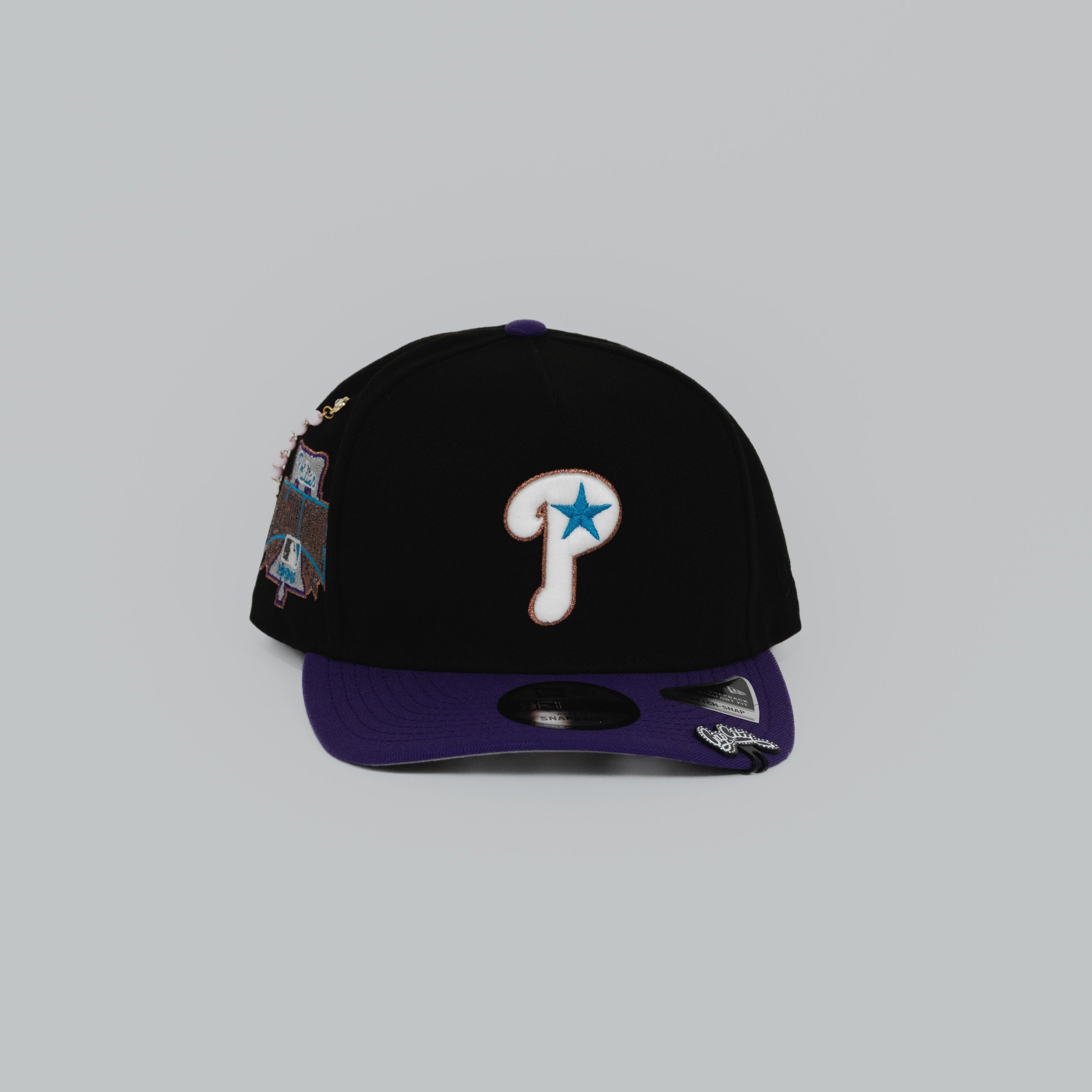 NEW ERA EXCLUSIVE 9FIFTY A-FRAME BLACK/ PURPLE PHILADELPHIA PHILLIES SNAPBACK W/ 1996 ALL STAR GAME PATCH