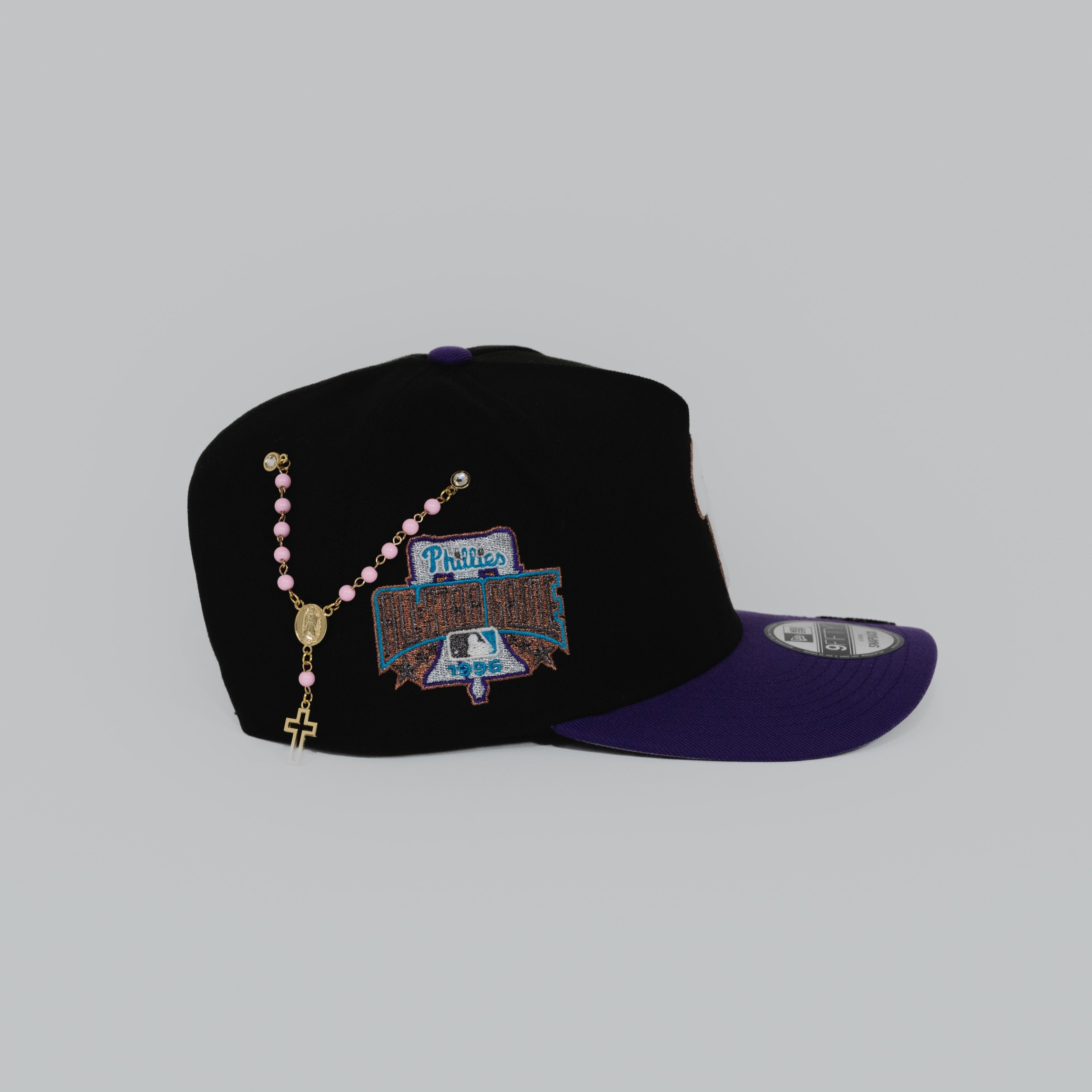 NEW ERA EXCLUSIVE 9FIFTY A-FRAME BLACK/ PURPLE PHILADELPHIA PHILLIES SNAPBACK W/ 1996 ALL STAR GAME PATCH