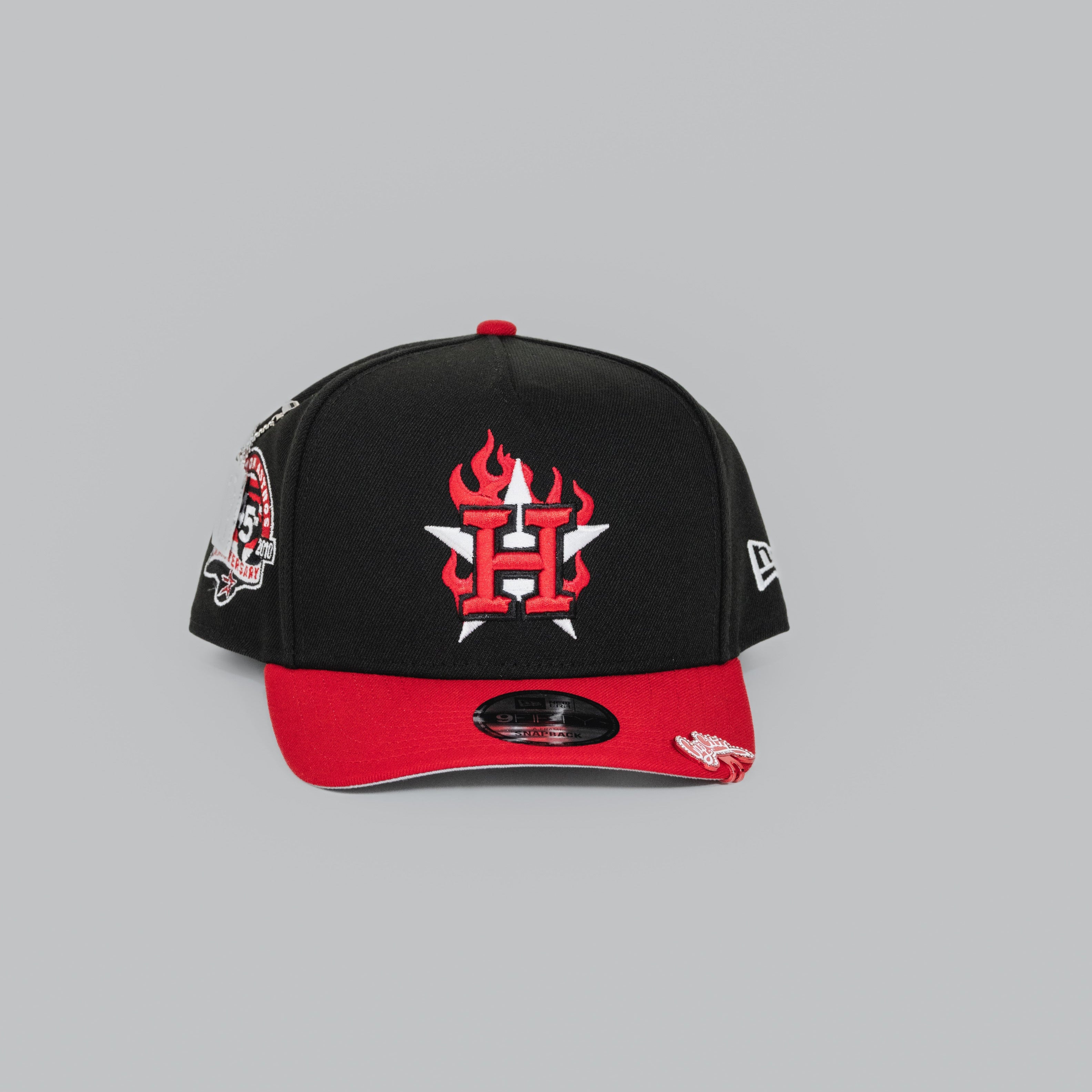 NEW ERA EXCLUSIVE 9FIFTY A-FRAME BLACK/ RED HOUSTON ASTROS W/ FLAME LOGO + 45TH ANNIVERSARY SIDE PATCH
