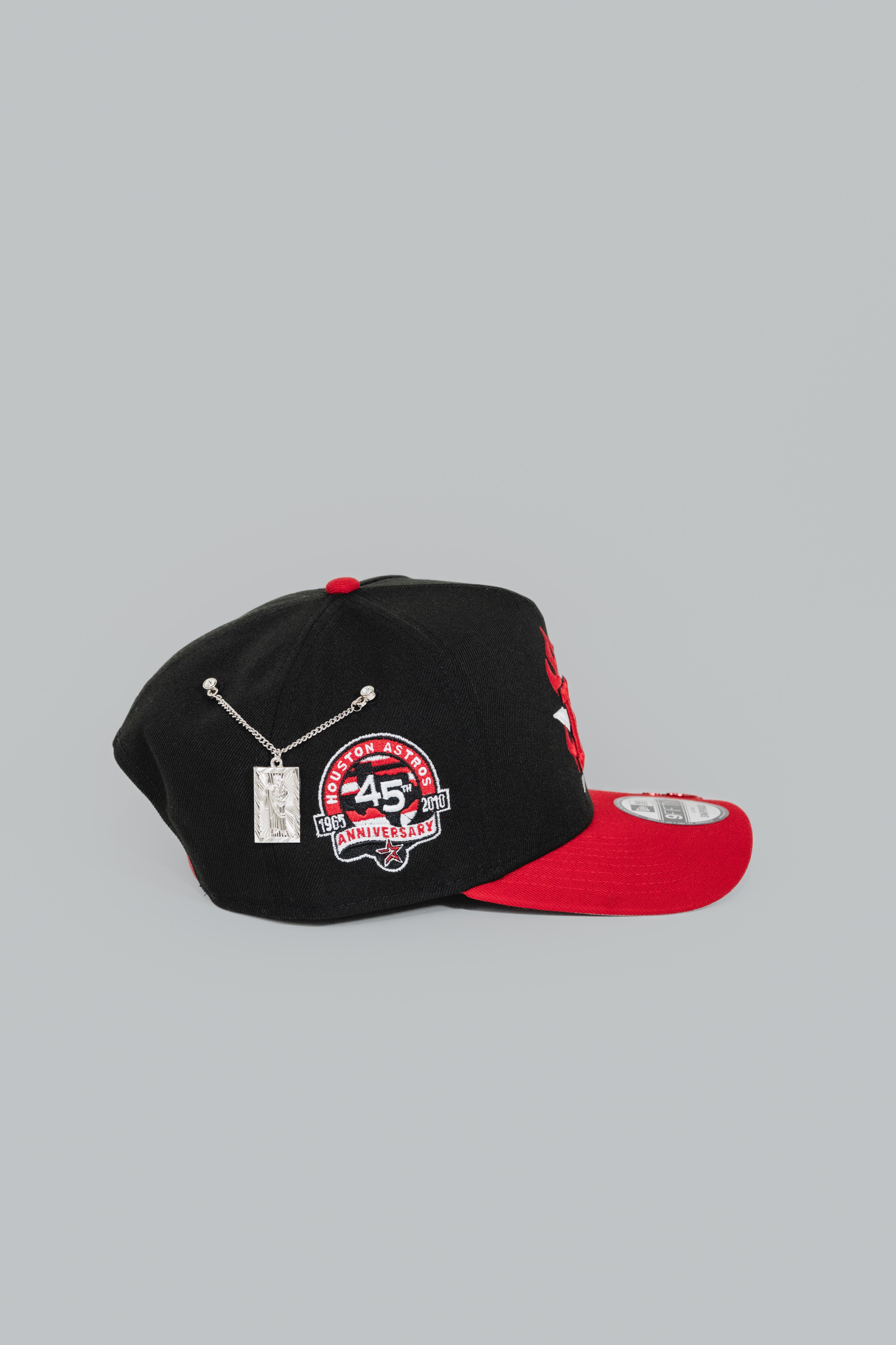 NEW ERA EXCLUSIVE 9FIFTY A-FRAME BLACK/ RED HOUSTON ASTROS W/ FLAME LOGO + 45TH ANNIVERSARY SIDE PATCH