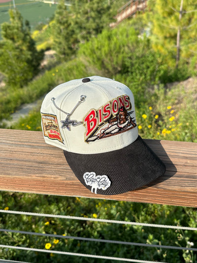 NEW ERA EXCLUSIVE 59FIFTY CHROME WHITE/CORDUROY BUFFALO BISONS W/ HOMETOWN COLLECTION PATCH (RED UV)