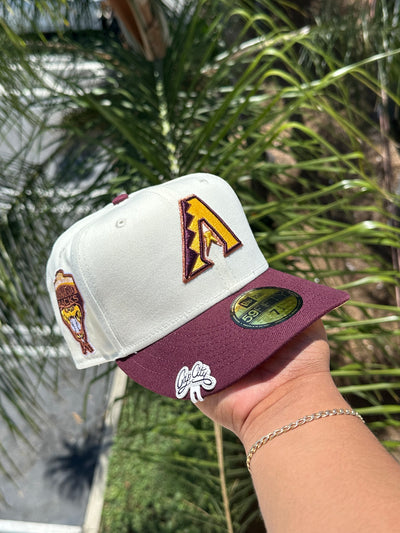NEW ERA EXCLUSIVE 59FIFTY CHROME WHITE/BURGUNDY ARIZONA DIAMONDBACKS W/ 1998 INAUGURAL SEASON PATCH (DARK YELLOW UV)