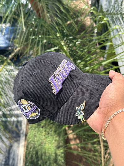 NEW ERA EXCLUSIVE 59FIFTY BLACK CORDUROY LOS ANGELES LAKERS W/ 17X CHAMPS SIDEPATCH (GREEN UV)