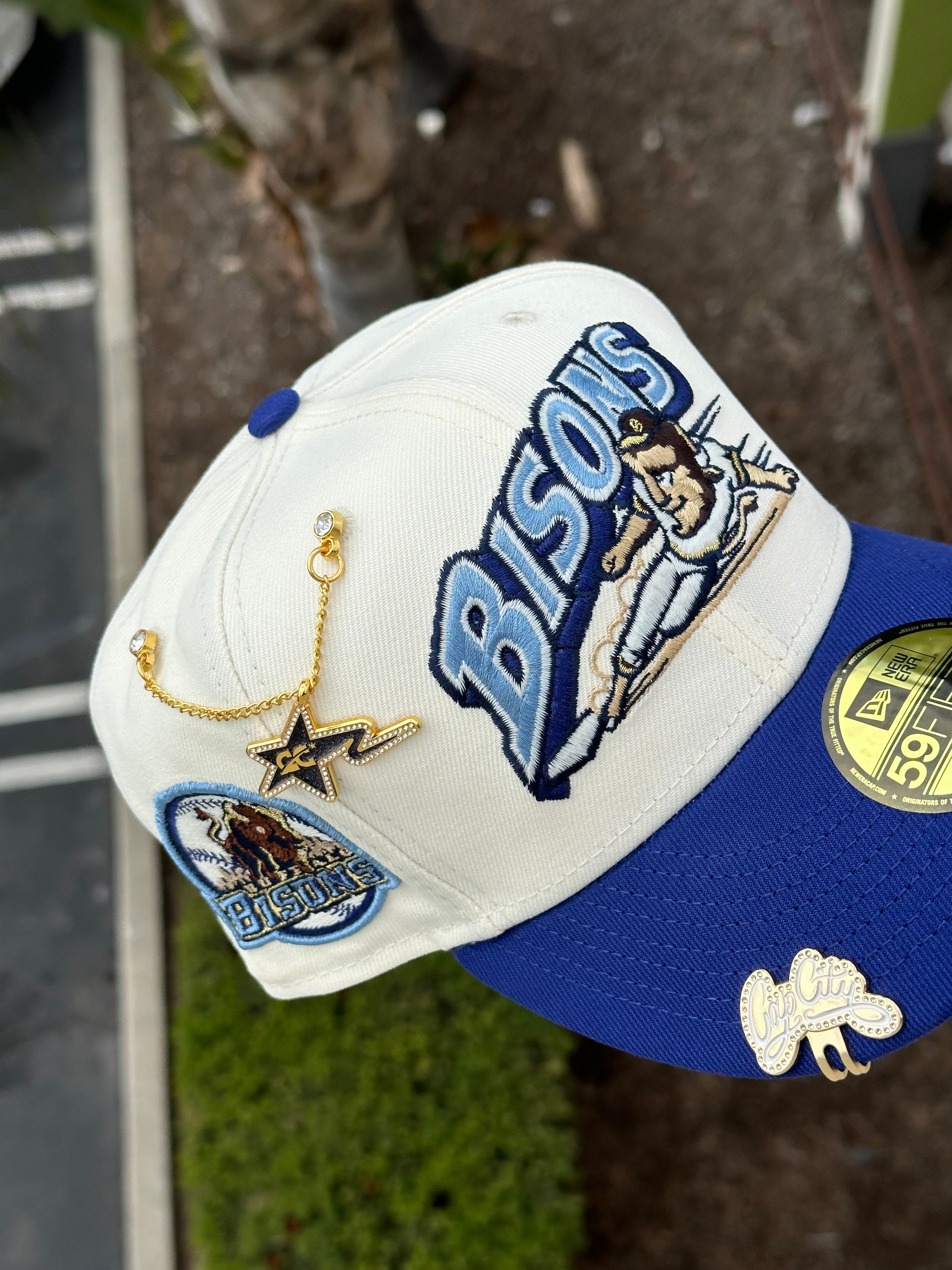 NEW ERA EXCLUSIVE 59FIFTY CHROME WHITE/BLUE BUFFALO BISONS W/ BUFFALO BISON PATCH