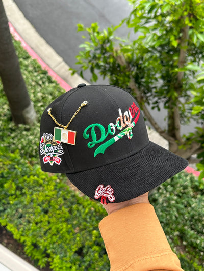 NEW ERA EXCLUSIVE 59FIFTY BLACK/CORDUROY TWO TONE LOS ANGELES DODGERS W/ MEXICO FLAG LOGO + 100TH ANNIVERSARY PATCH (GREEN UV)
