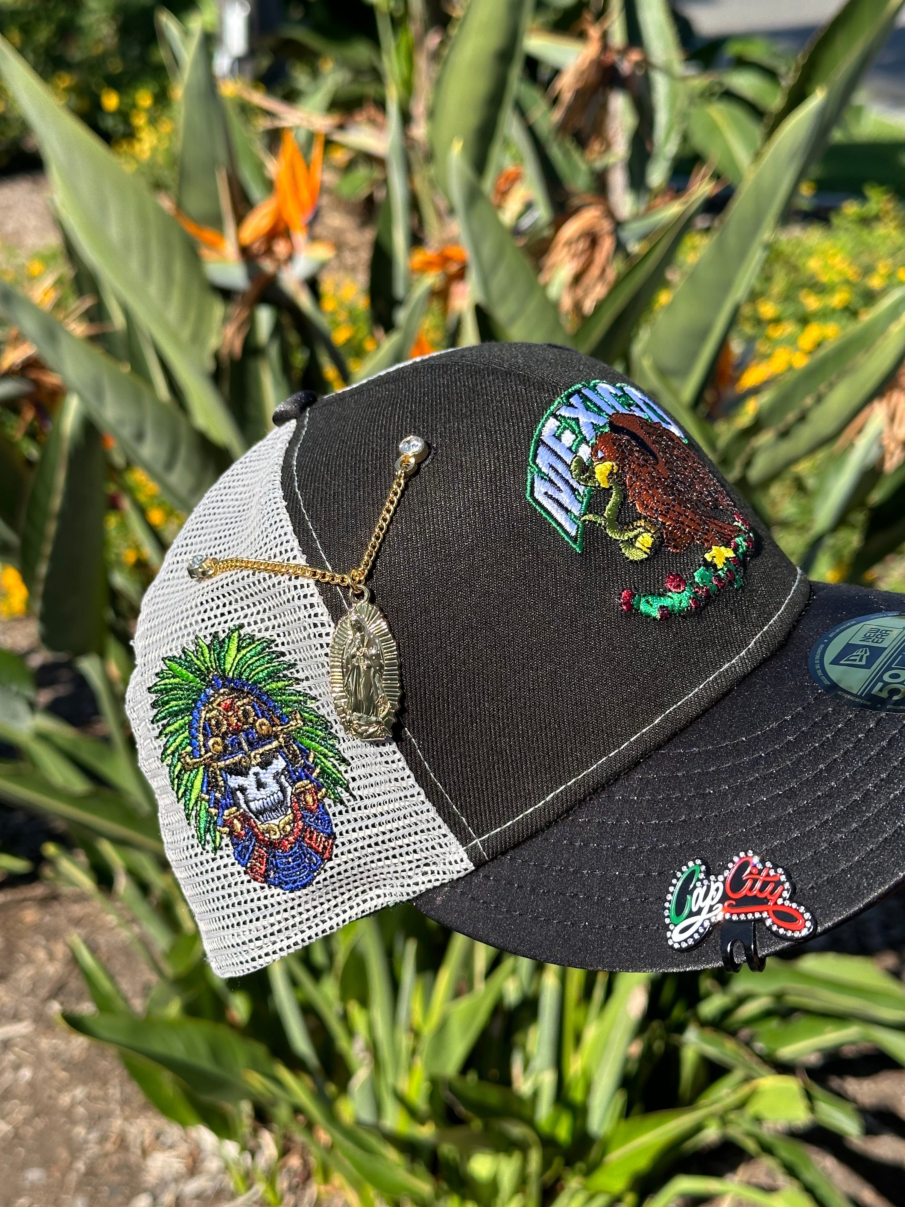 NEW ERA EXCLUSIVE 59FIFTY BLACK/SATIN "MEXICO" MESHBACK W/ AZTEC WARRIOR SIDE PATCH