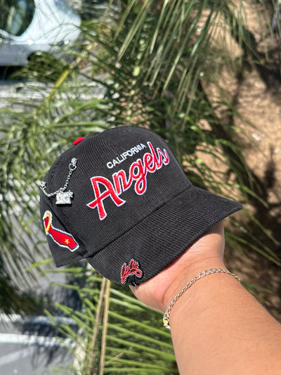 NEW ERA EXCLUSIVE 59FIFTY BLACK CORDUROY CALIFORNIA ANGELS SCRIPT W/ ANGELS LOGO SIDE PATCH (GREEN UV)