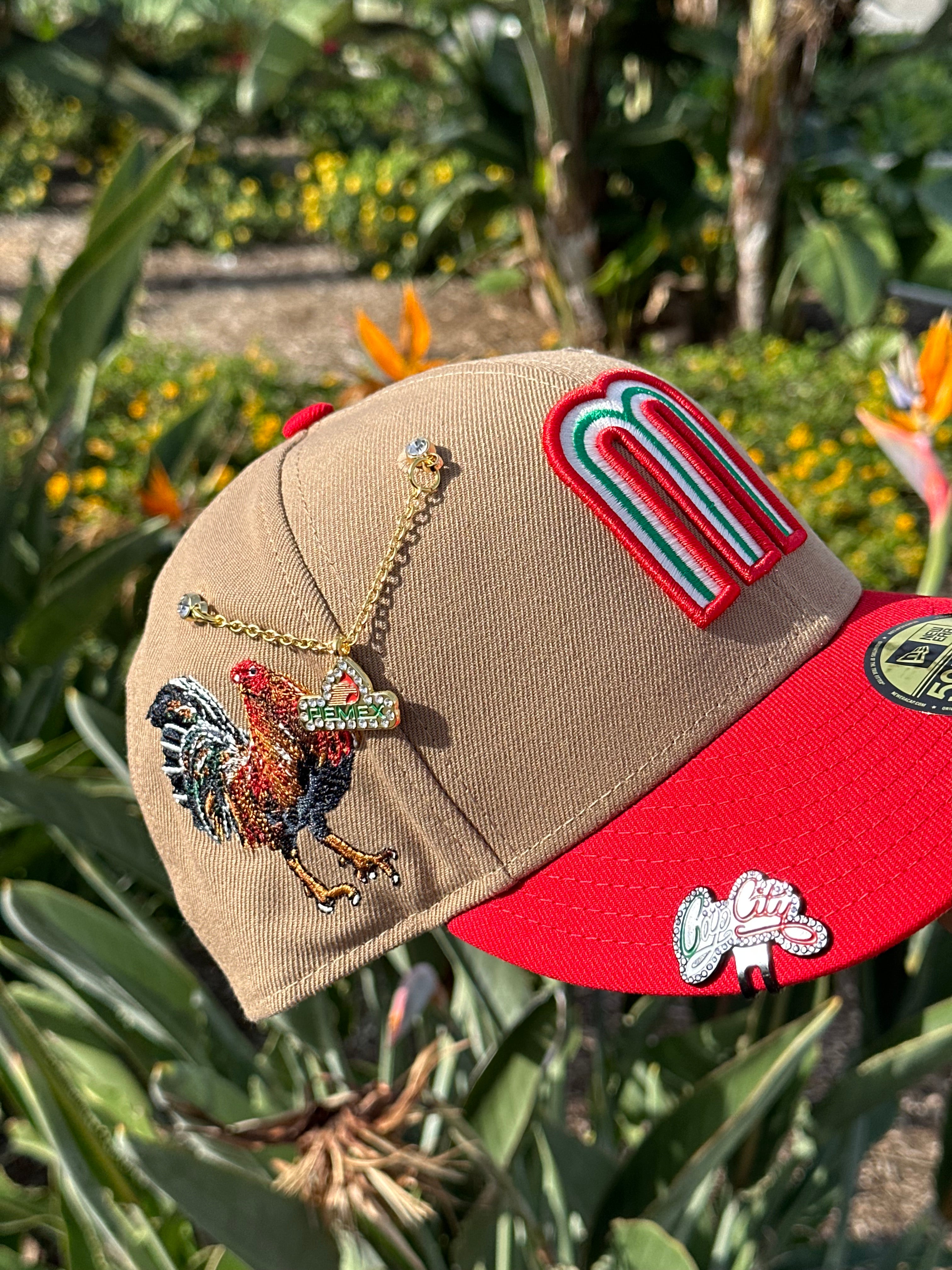 NEW ERA EXCLUSIVE 59FIFTY KHAKI/RED MEXICO 2TONE W/ "EL GALLO" SIDE PATCH