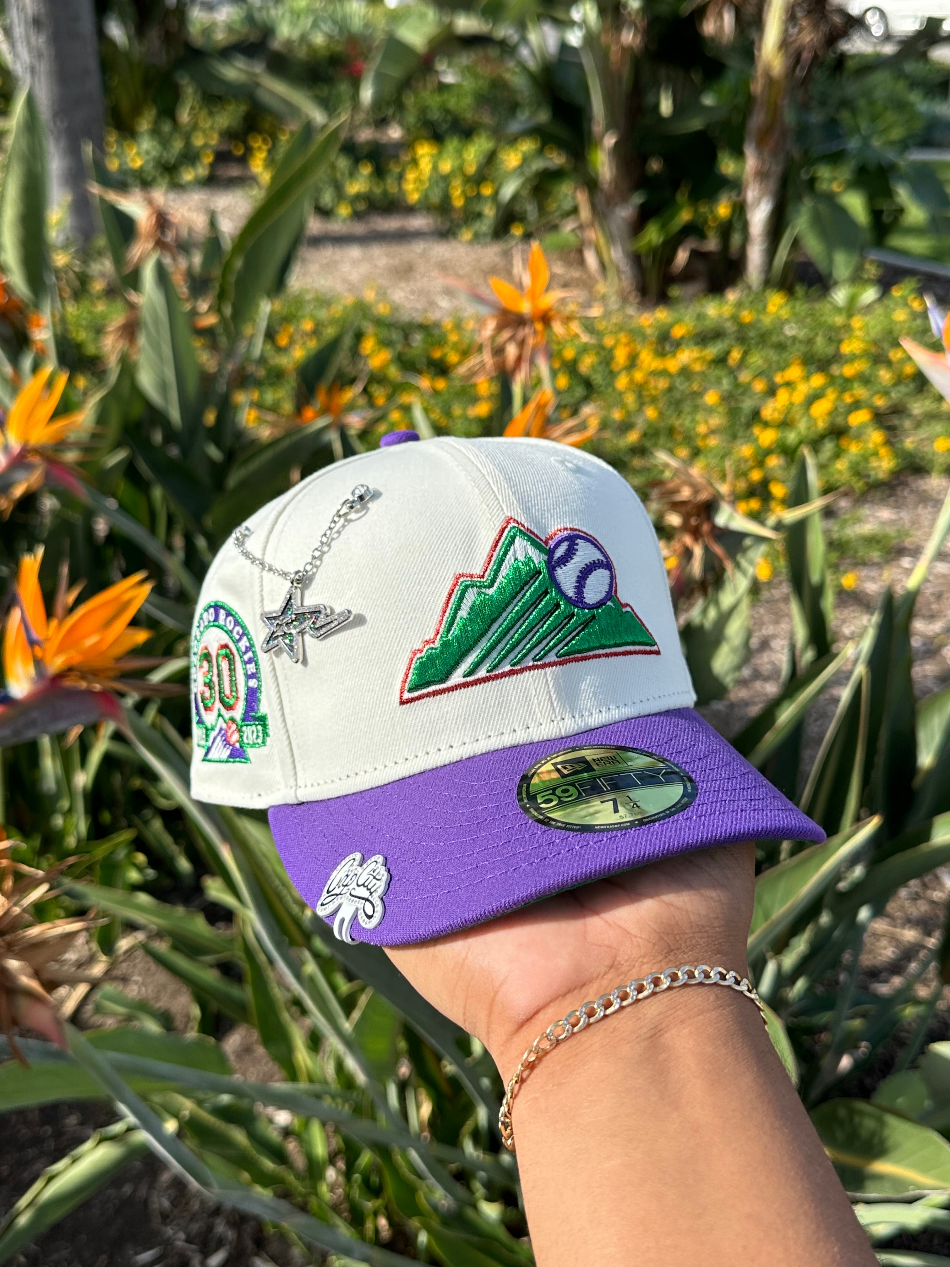 NEW ERA EXCLUSIVE 59FIFTY CHROME WHITE/PURPLE COLORADO ROCKIES W/ 30TH ANNIVERSARY PATCH
