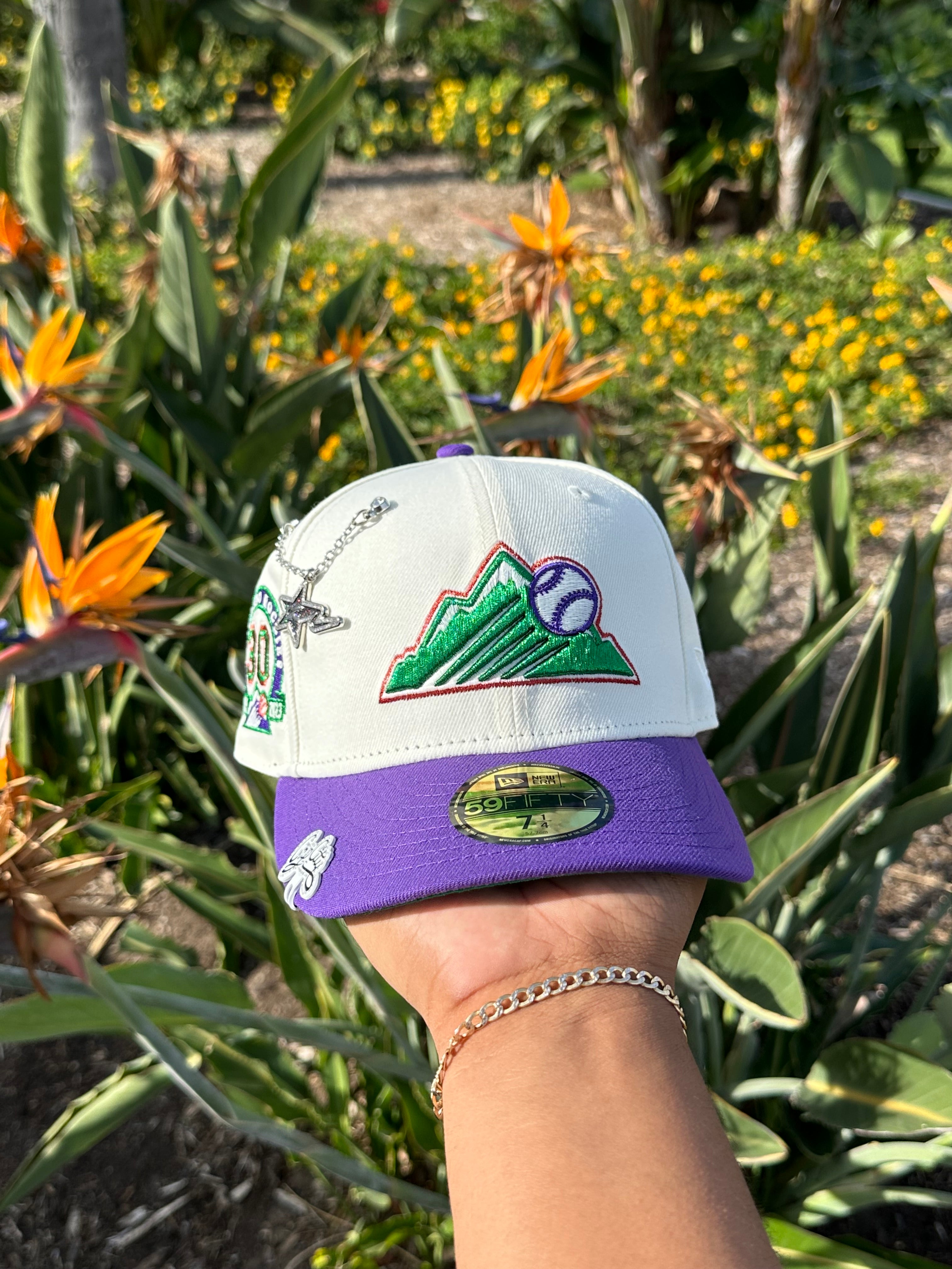 NEW ERA EXCLUSIVE 59FIFTY CHROME WHITE/PURPLE COLORADO ROCKIES W/ 30TH ANNIVERSARY PATCH