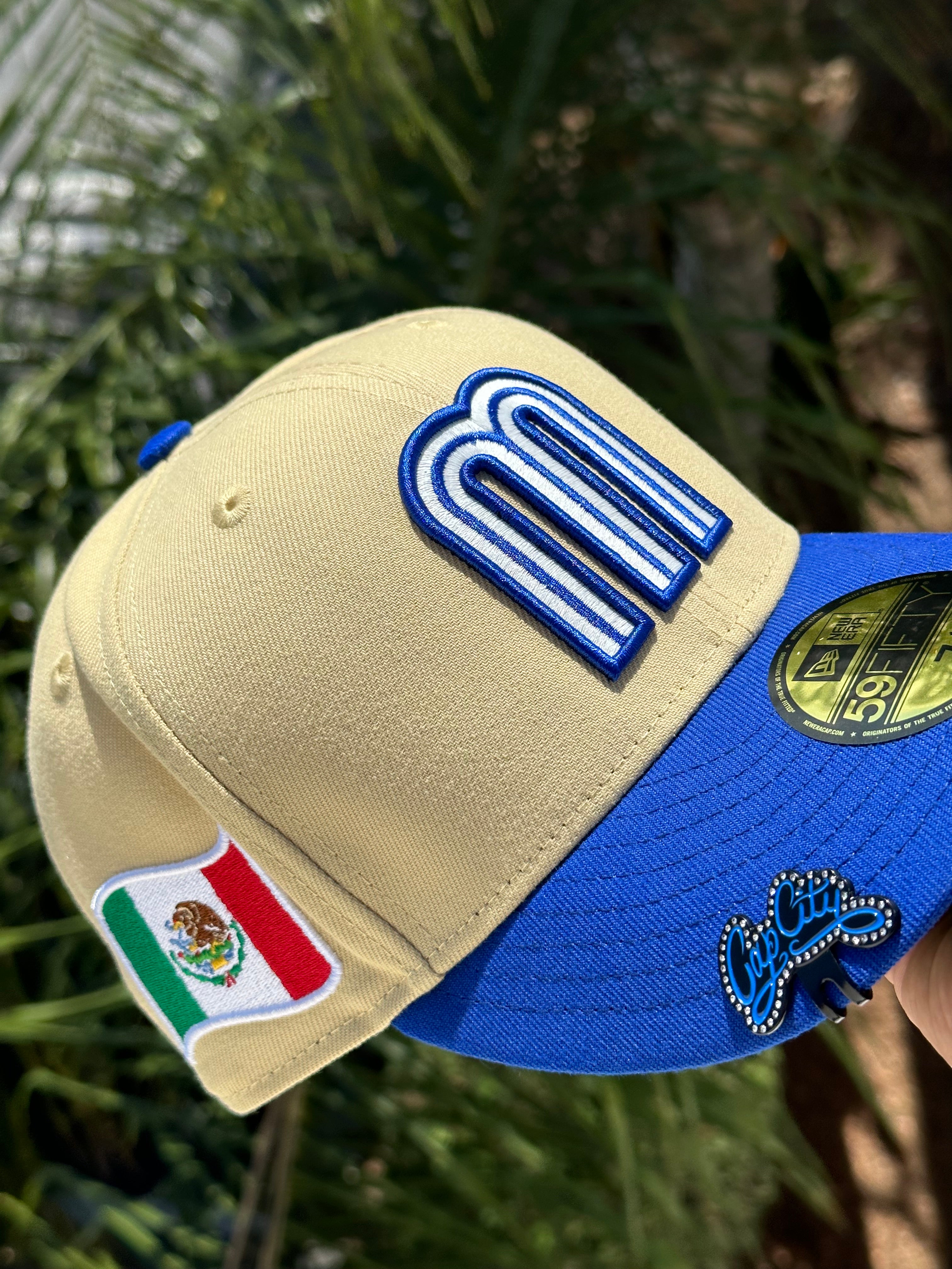 NEW ERA EXCLUSIVE 59FIFTY VEGAS GOLD/BLUE MEXICO TOWO TONE W/ MEXICO FLAG SIDE PATCH