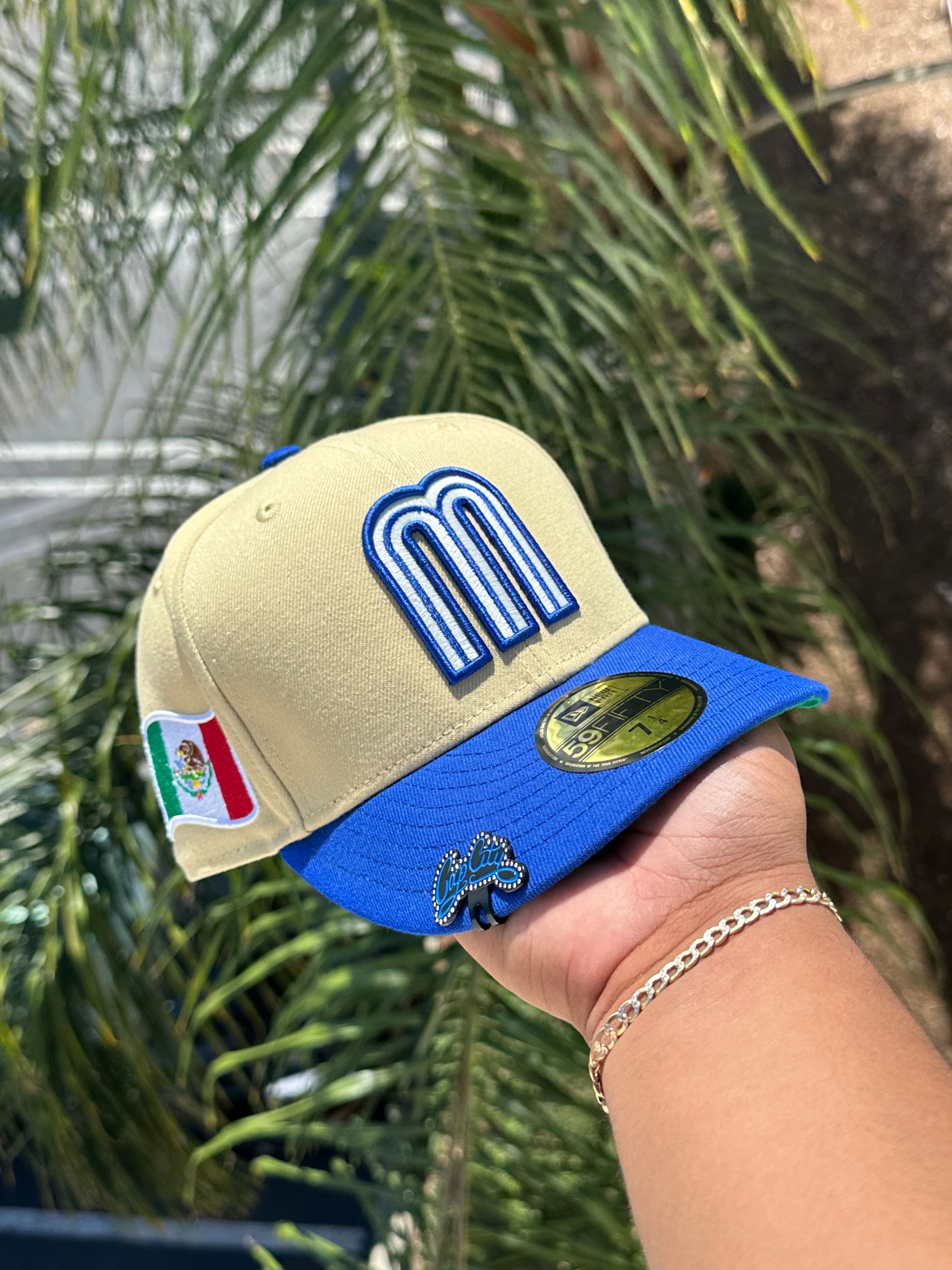 NEW ERA EXCLUSIVE 59FIFTY VEGAS GOLD/BLUE MEXICO TOWO TONE W/ MEXICO FLAG SIDE PATCH