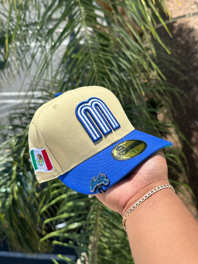NEW ERA EXCLUSIVE 59FIFTY VEGAS GOLD/BLUE MEXICO TOWO TONE W/ MEXICO FLAG SIDE PATCH (GREEN UV)