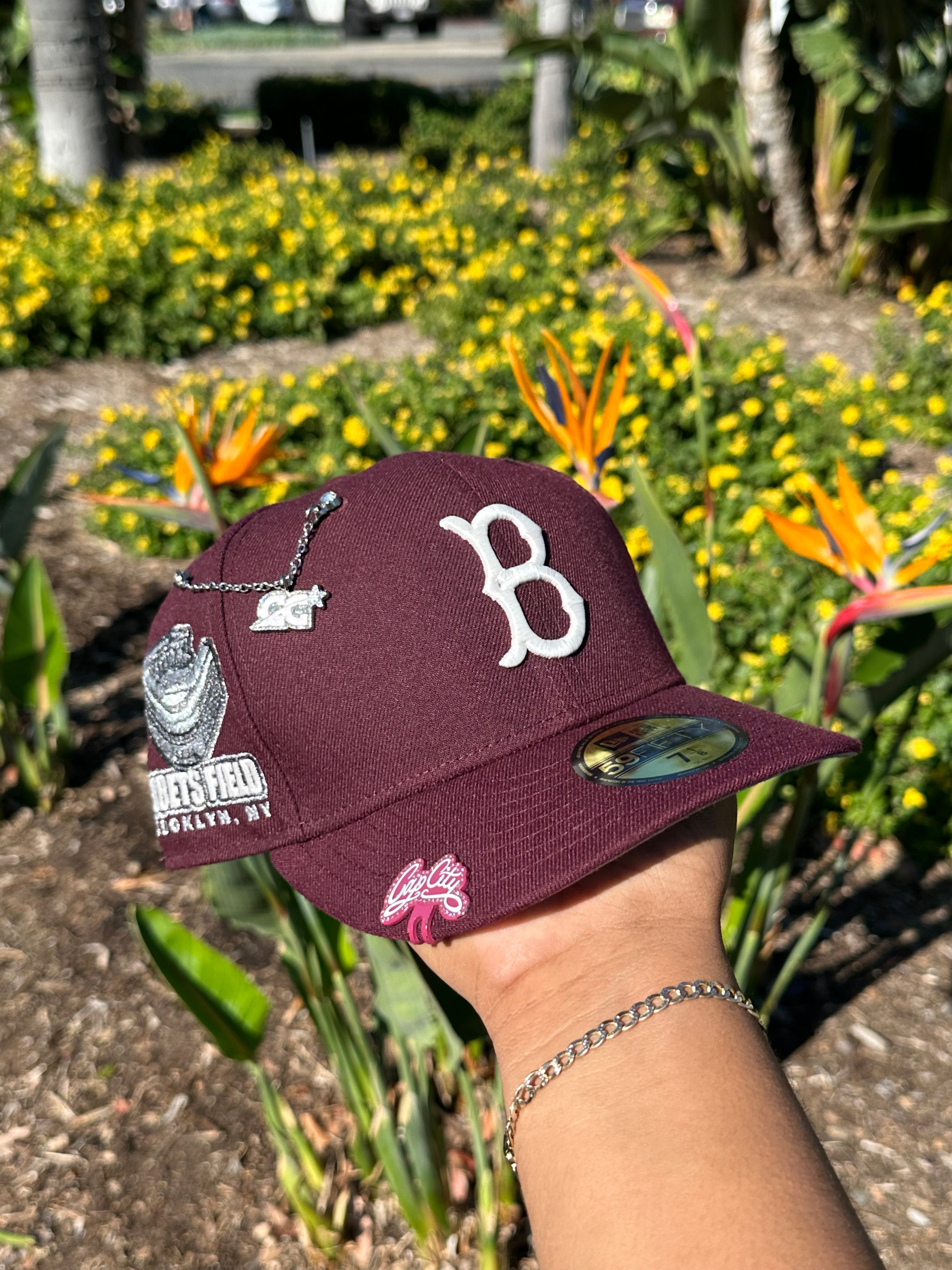 NEW ERA EXCLUSIVE 59FIFTY BURGUNDY BROOKLYN DODGERS W/ "EBBETS FIELD SIDE PATCH