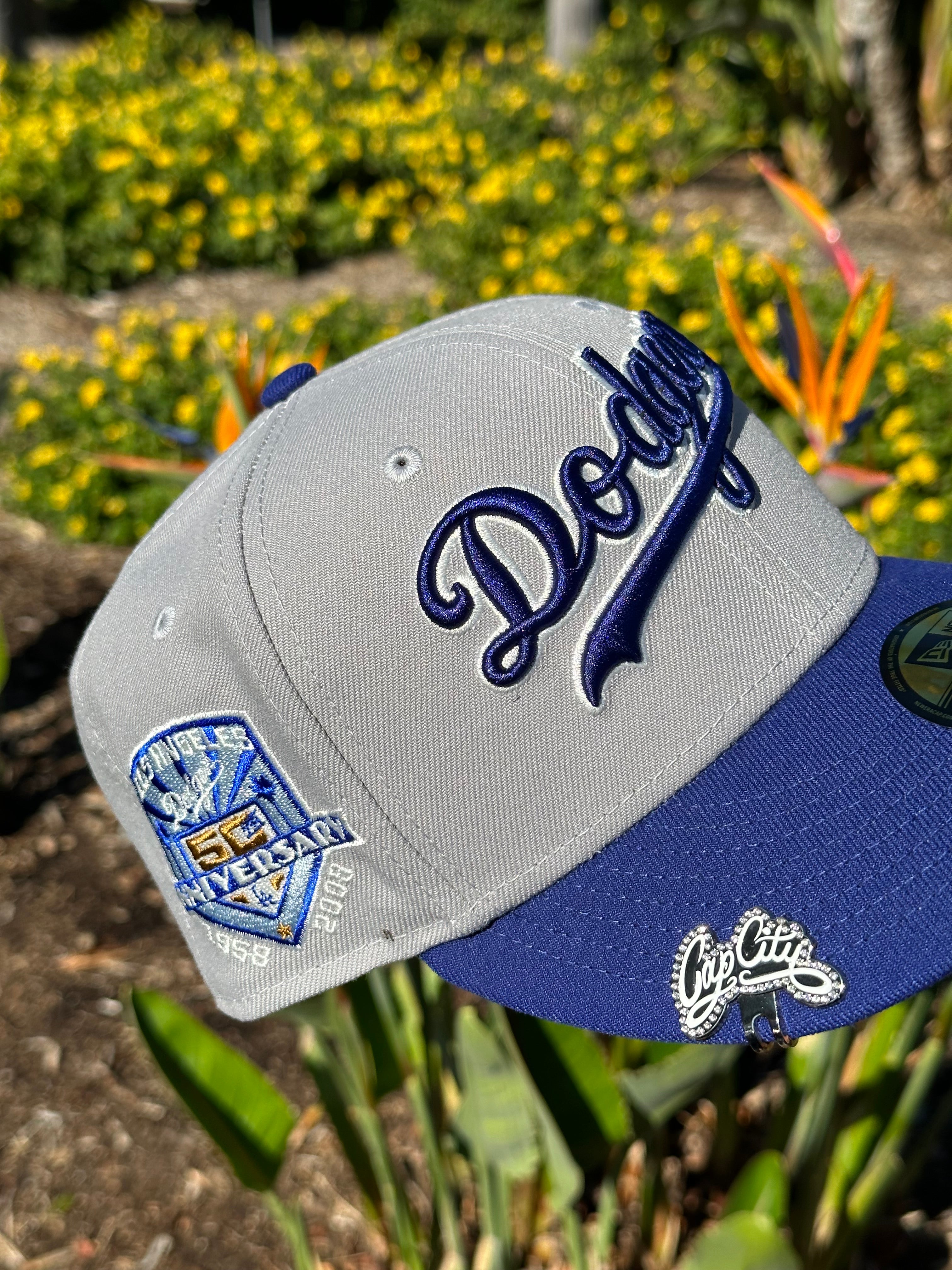 NEW ERA EXCLUSIVE 59FIFTY GREY/BLUE LOS ANGELES DODGERS SCRIPT TWO TONE W/ 50TH ANNIVERSARY PATCH