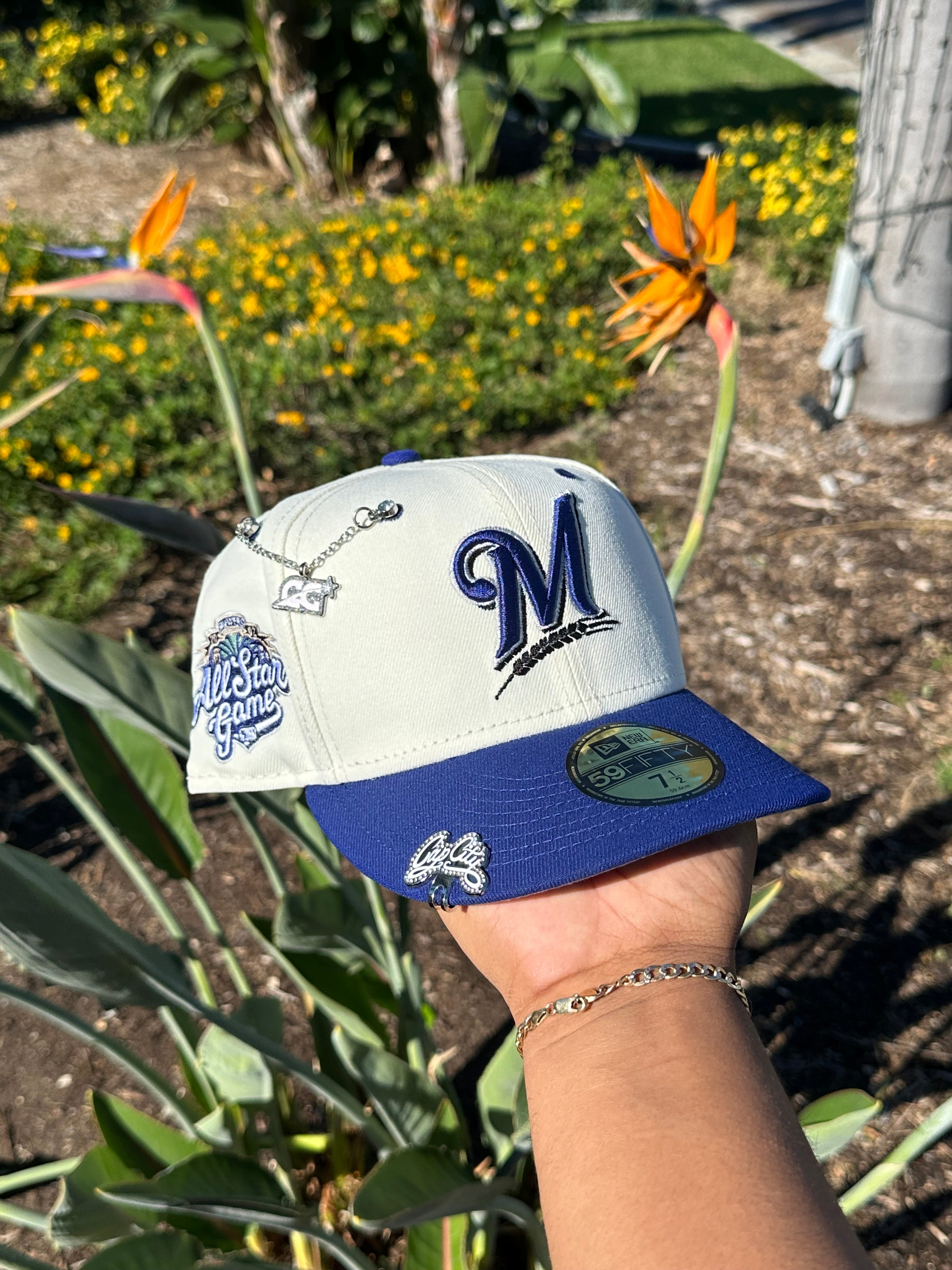 NEW ERA EXCLUSIVE 59FIFTY CHROME WHITE/BLUE MILWAUKEE BREWERS W/ 2002 ALL STAR GAME PATCH