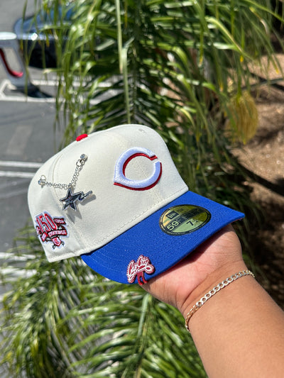 NEW ERA EXCLUSIVE 59FIFTY CHROME WHITE/BLUE CINCINNATI REDS W/ 150TH ANNIVERSARY PATCH (RED UV) VERY LIMITED