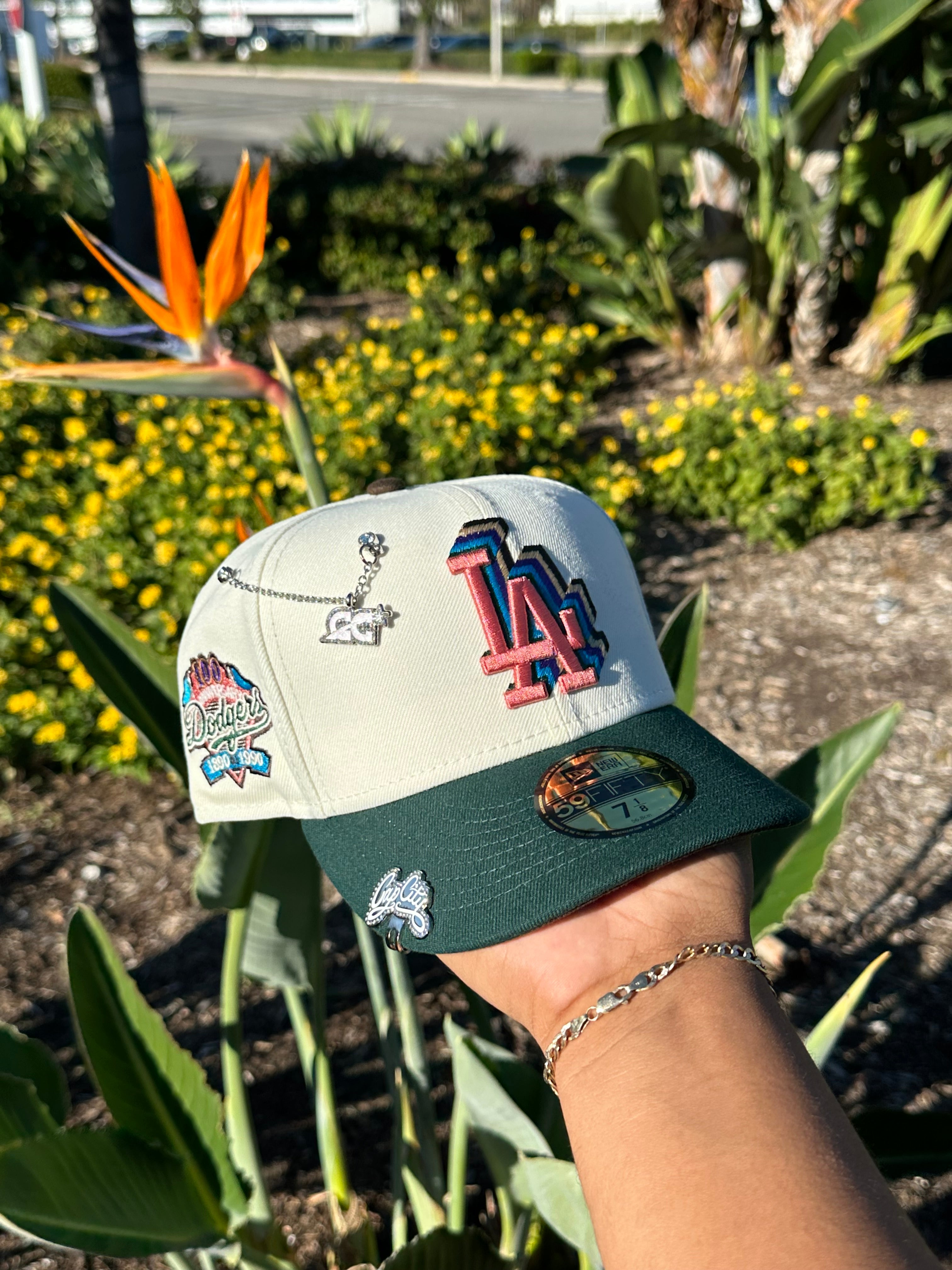NEW ERA EXCLUSIVE 59FIFTY CHROME WHITE/FOREST GREEN LOS ANGELES DODGERS W/ 100TH ANNIVERSARY PATCH