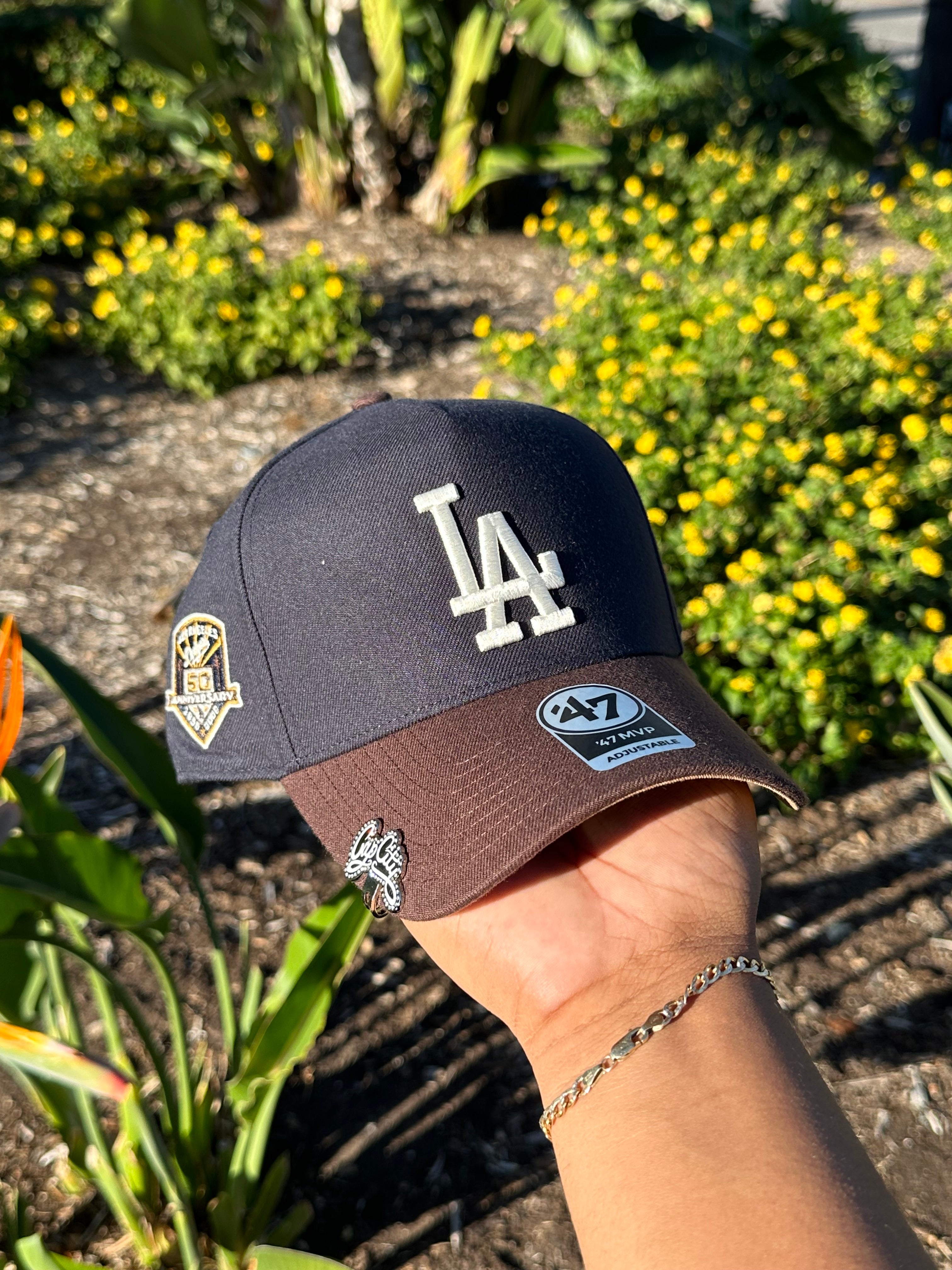 NAVY/MOCHA LOS ANGELES DODGERS '47 A-FRAME MVP ADJUSTABLE SNAPBACK W/ 50TH ANNIVERSARY PATCH