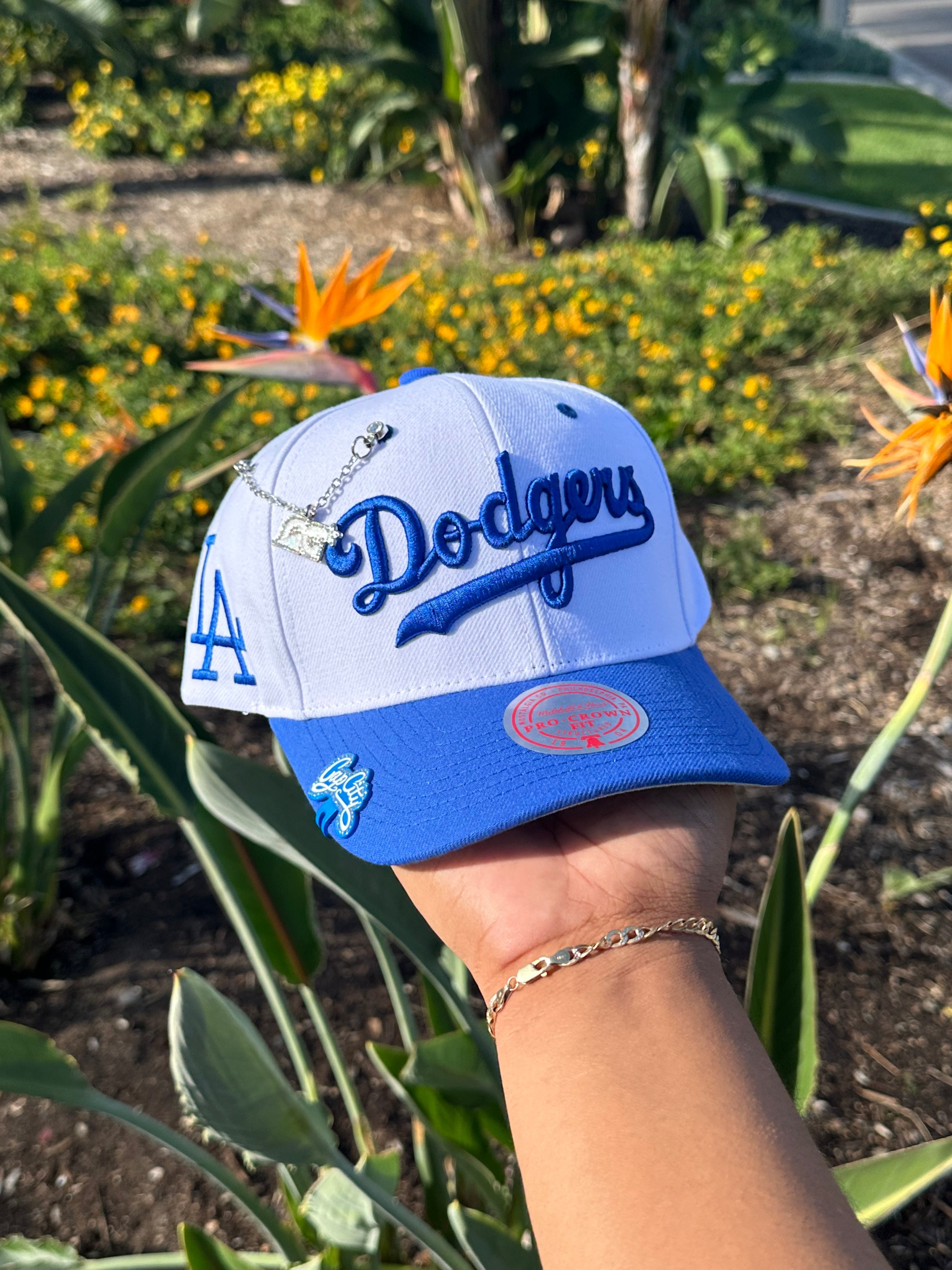 MITCHELL & NESS LOS ANGELES DODGERS SCRIPT A-FRAME ADJUSTABLE SNAPBACK W/ "LA" LOGO SIDE PATCH