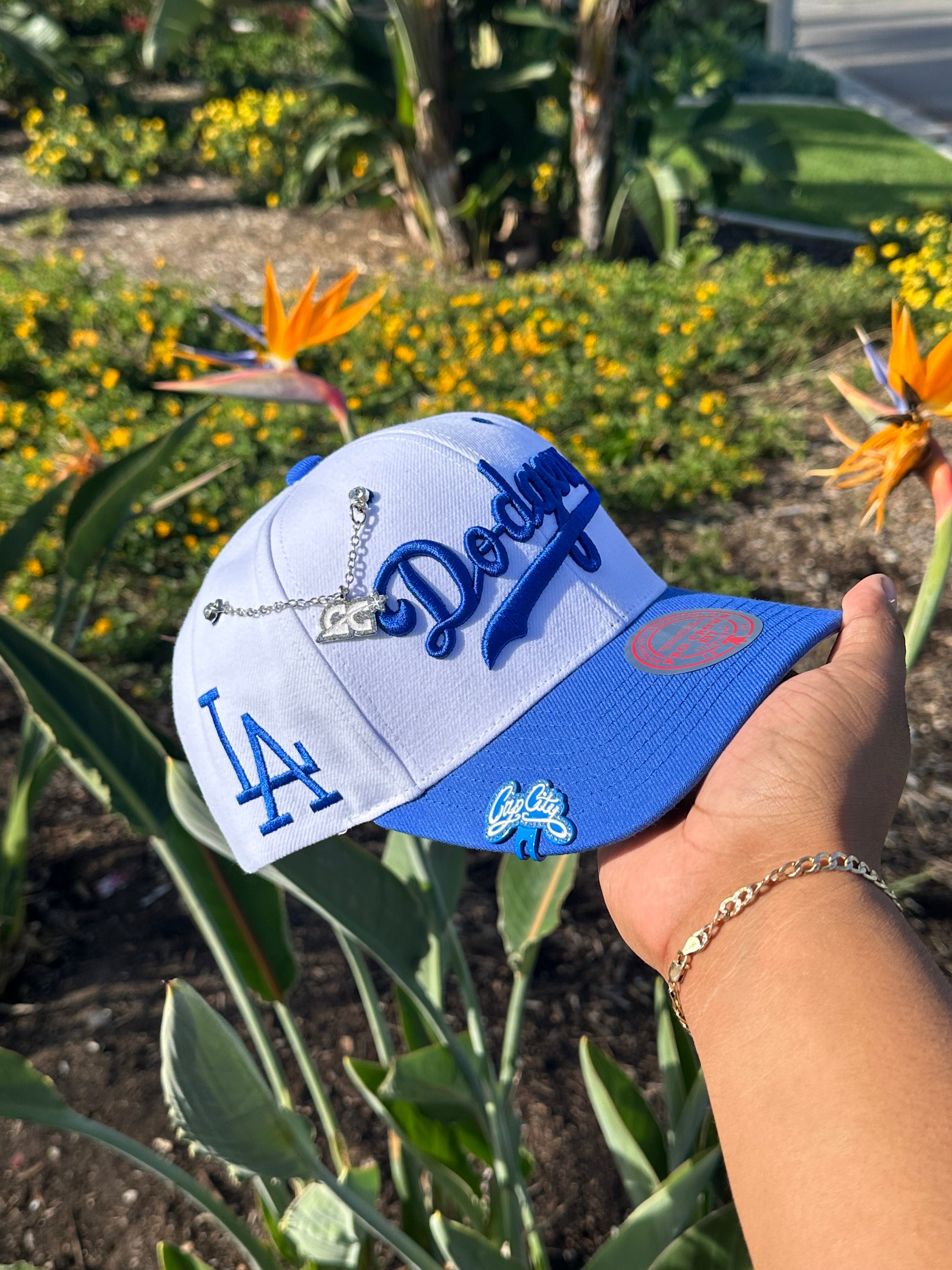 MITCHELL & NESS LOS ANGELES DODGERS SCRIPT A-FRAME ADJUSTABLE SNAPBACK W/ "LA" LOGO SIDE PATCH