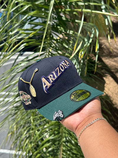 NEW ERA EXCLUSIVE 59FIFTY NAVY/FOREST GREEN ARIZONA DIAMONDBACKS SCRIPT W/ 2001 WORLD SERIES PATCH (GREY UV) VERY LIMITED