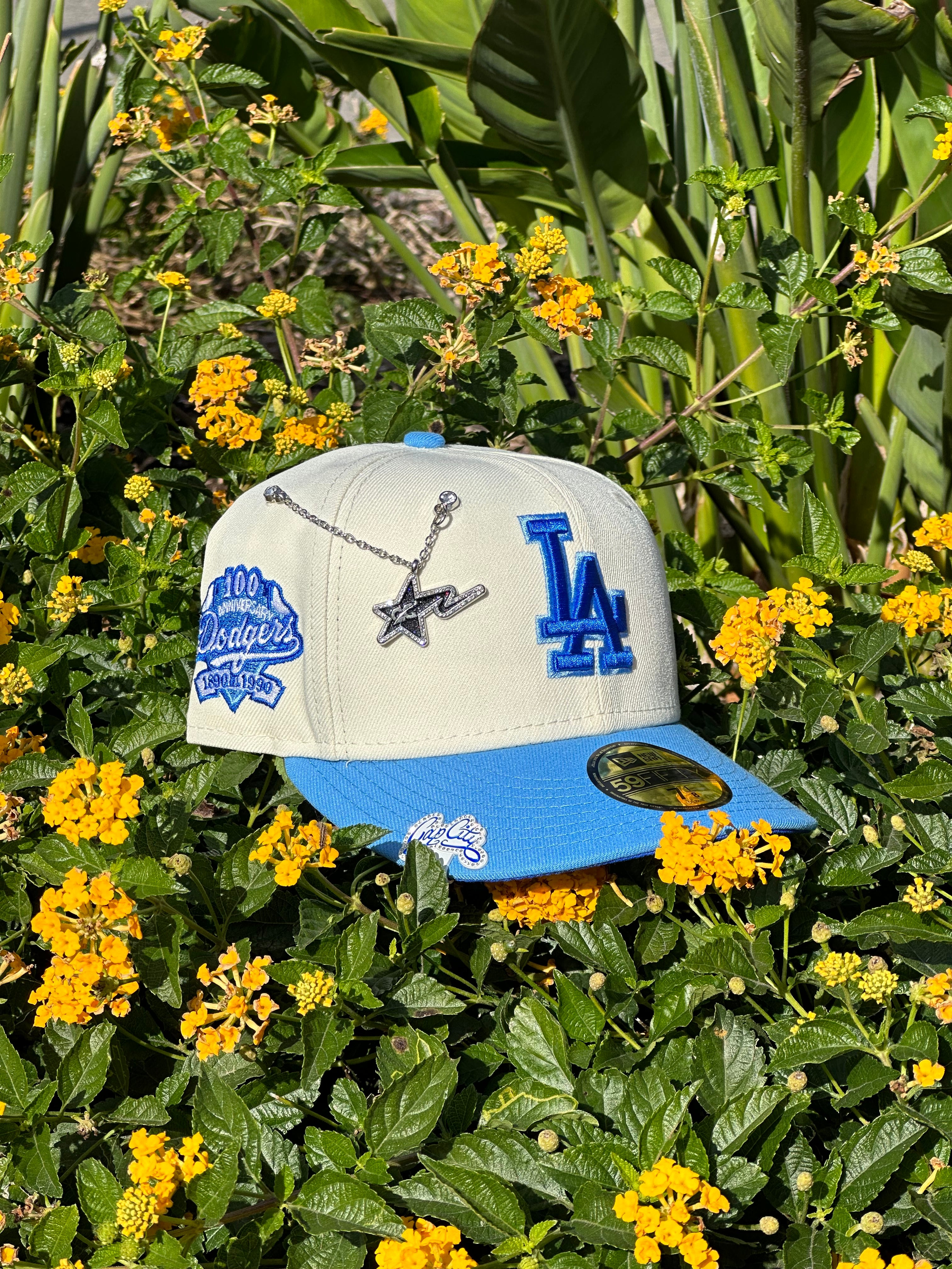 NEW ERA EXCLUSIVE 59FIFTY CHROME WHITE/SKY BLUE LOS ANGELES DODGERS W/ 100TH ANNIVERSARY SIDE PATCH