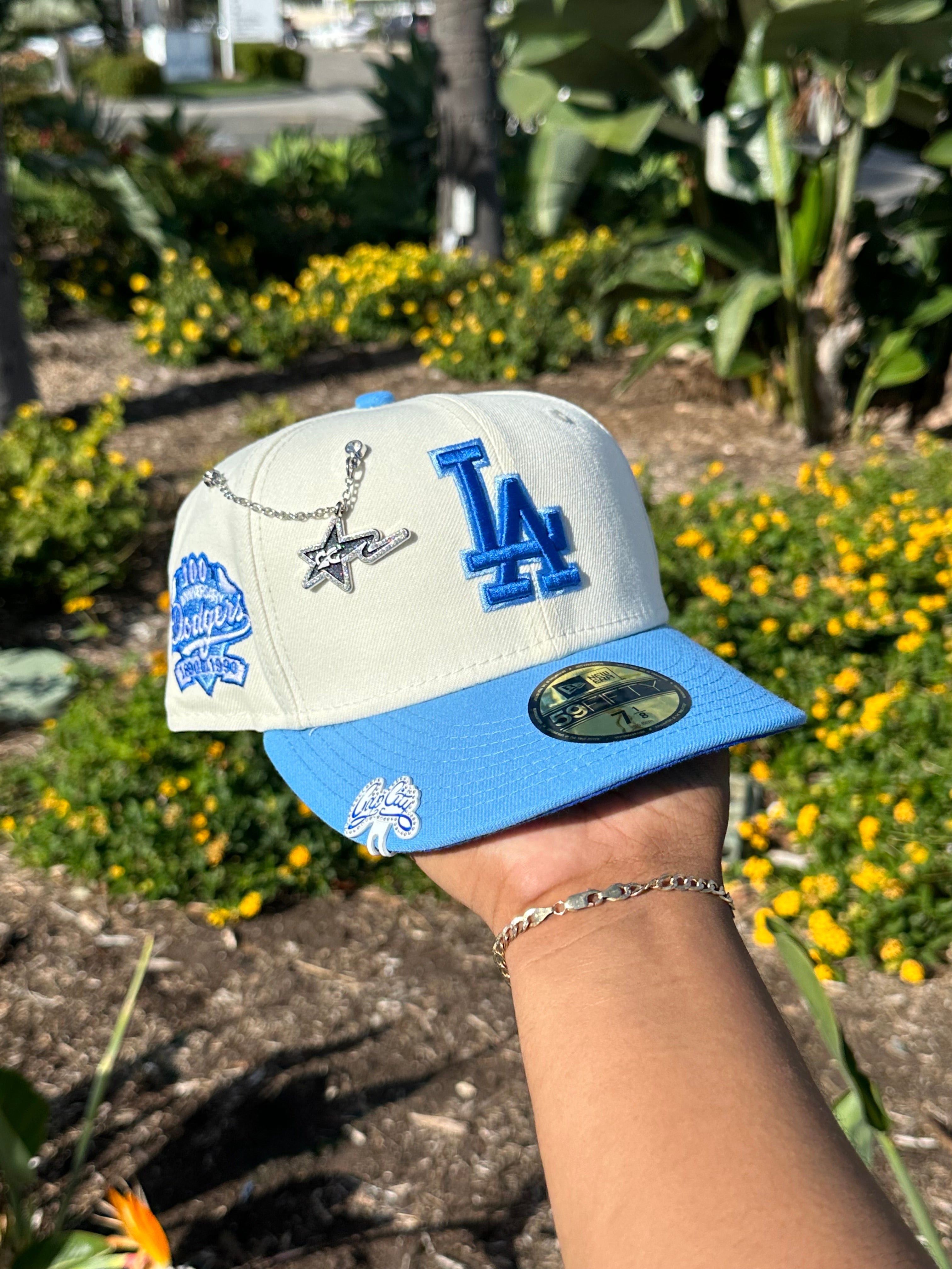 NEW ERA EXCLUSIVE 59FIFTY CHROME WHITE/SKY BLUE LOS ANGELES DODGERS W/ 100TH ANNIVERSARY SIDE PATCH