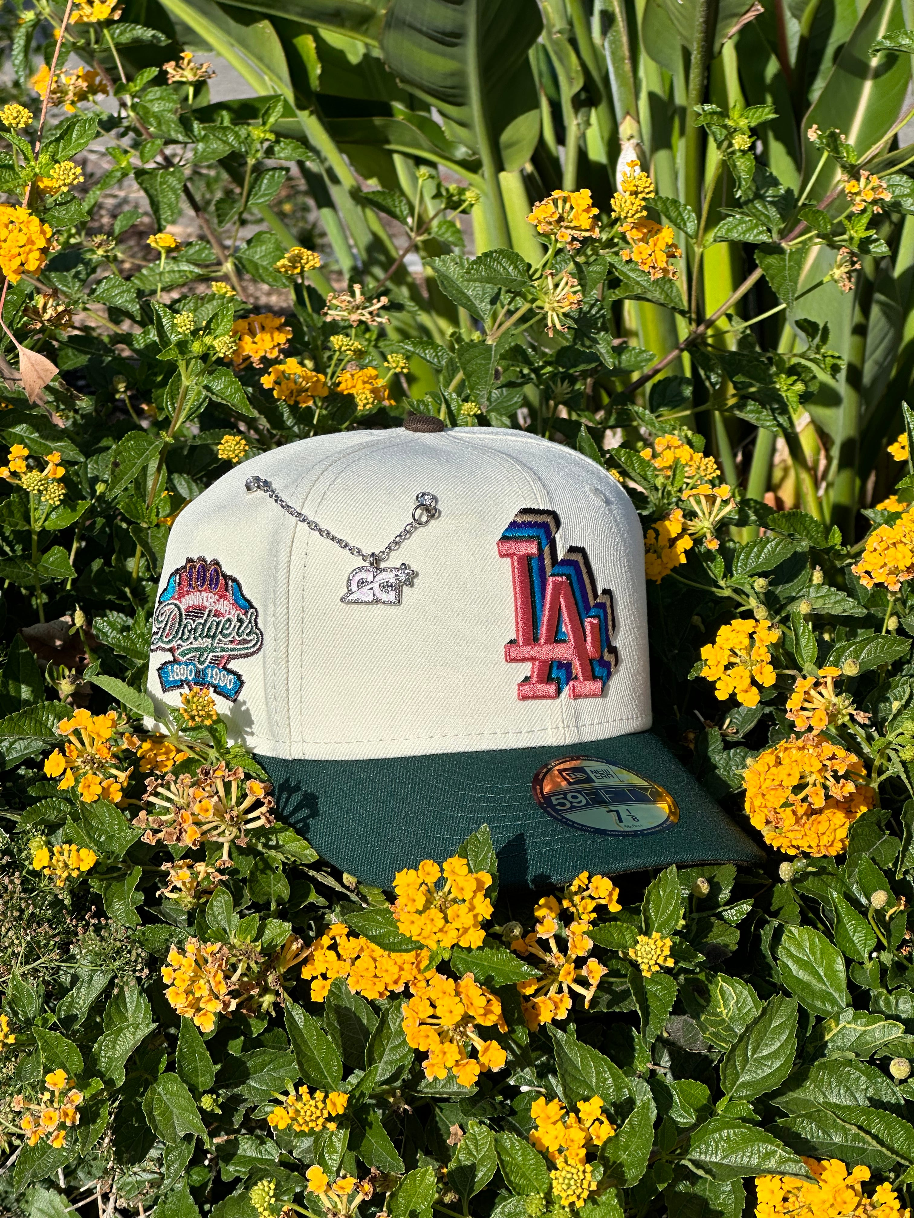 NEW ERA EXCLUSIVE 59FIFTY CHROME WHITE/FOREST GREEN LOS ANGELES DODGERS W/ 100TH ANNIVERSARY PATCH
