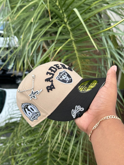 NEW ERA EXCLUSIVE 59FIFTY KHAKI/BLACK RAIDERS SCRIPT 2TONE W/ 60TH ANNIVERSARY SIDE PATCH (GRAY UV)