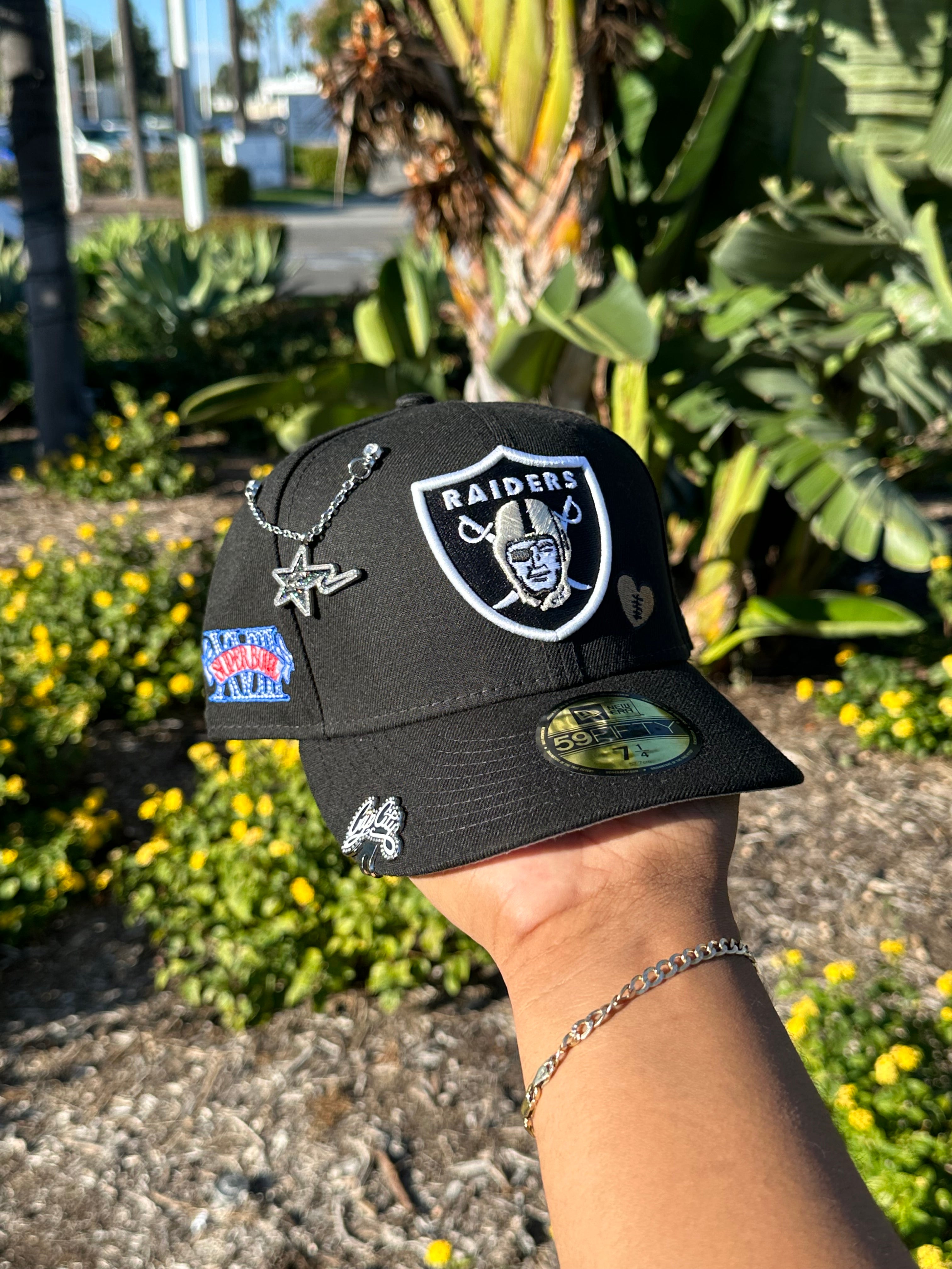 NEW ERA EXCLUSIVE 59FIFTY BLACK LAS VEGAS RAIDERS "LOVE & HUSTLE" W/ XVIII SUPER BOWL PATCH