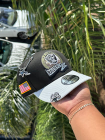 NEW ERA EXCLUSIVE 9FIFTY BLACK/GREY LAS VEGAS RAIDERS SNAPBACK W/ AMERICAN FLAG PATCH (DIGITAL CAMO UV)
