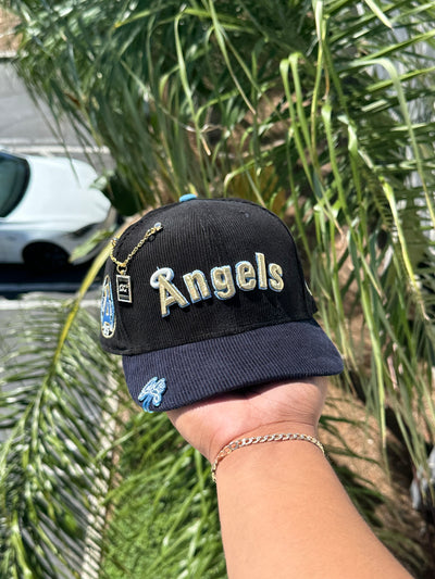 NEW ERA EXCLUSIVE 59FIFTY BLACK/NAVY CORDUROY ANAHEIM ANGELS W/ 25TH ANNIVERSARY SIDEPATCH (SKY BLUE UV) VERY LIMITED