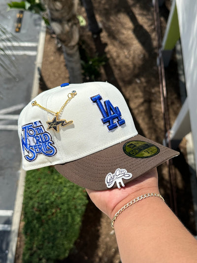 NEW ERA EXCLUSIVE 59FIFTY CHROME WHITE/WALNUT LOS ANGELES DODGERS W/ 75TH WORLD SERIES PATCH (GREY UV)