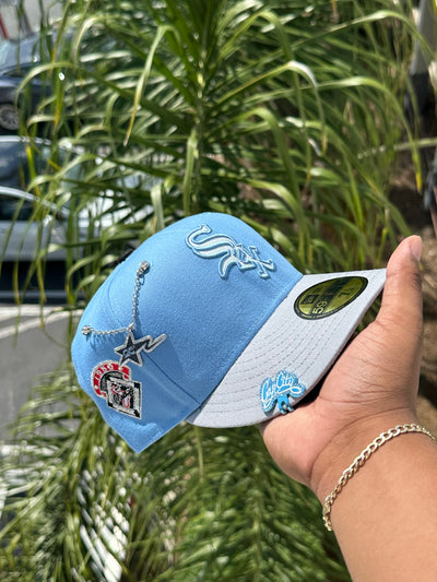 NEW ERA EXCLUSIVE 59FIFTY SKY BLUE/GREY CHICAGO WHITE SOX W/ 1950 ASG SIDE PATCH (BLACK UV)
