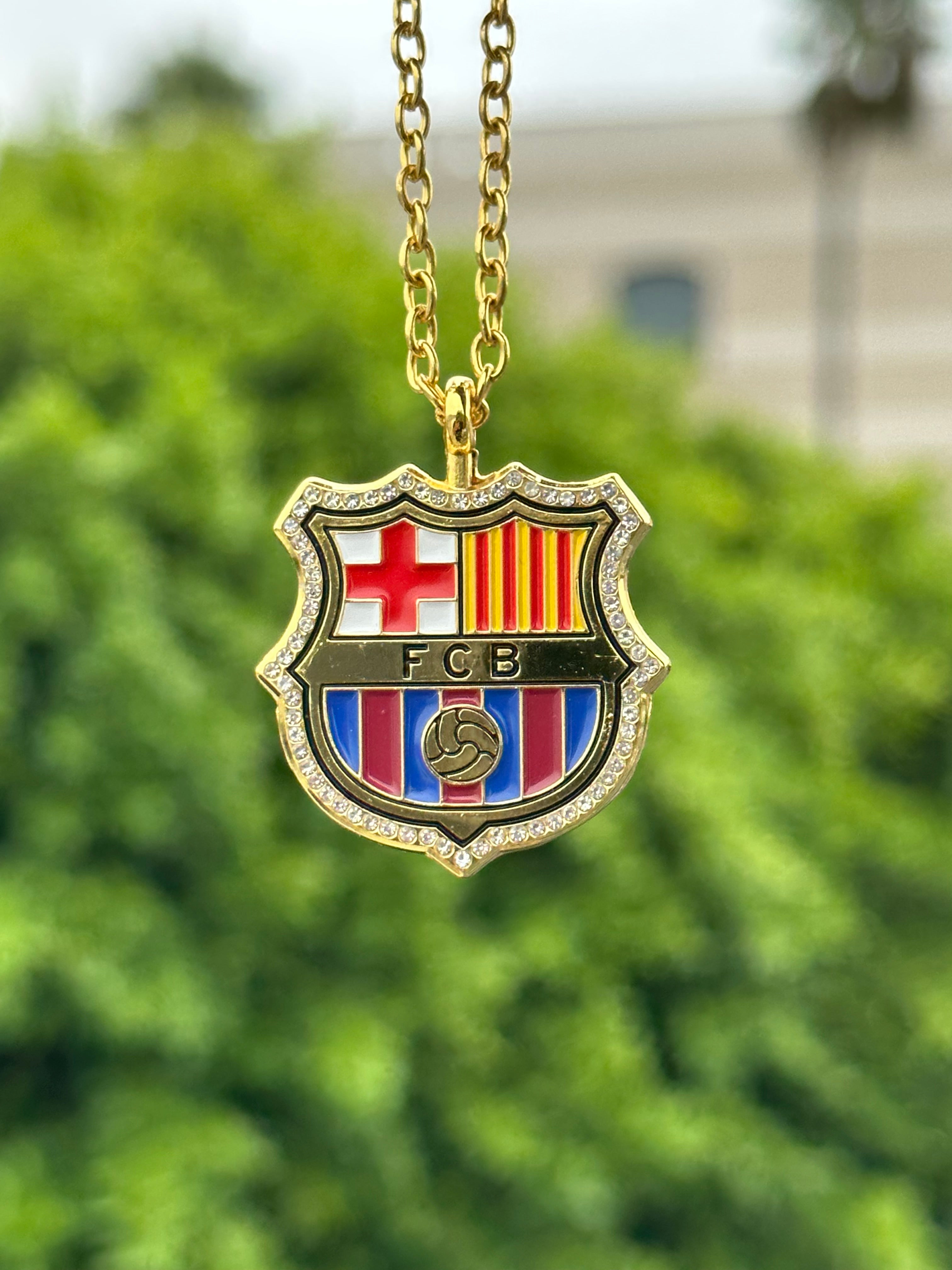 GOLD "FC BARCELONA" ICED OUT CHAIN W/ RHINESTONES
